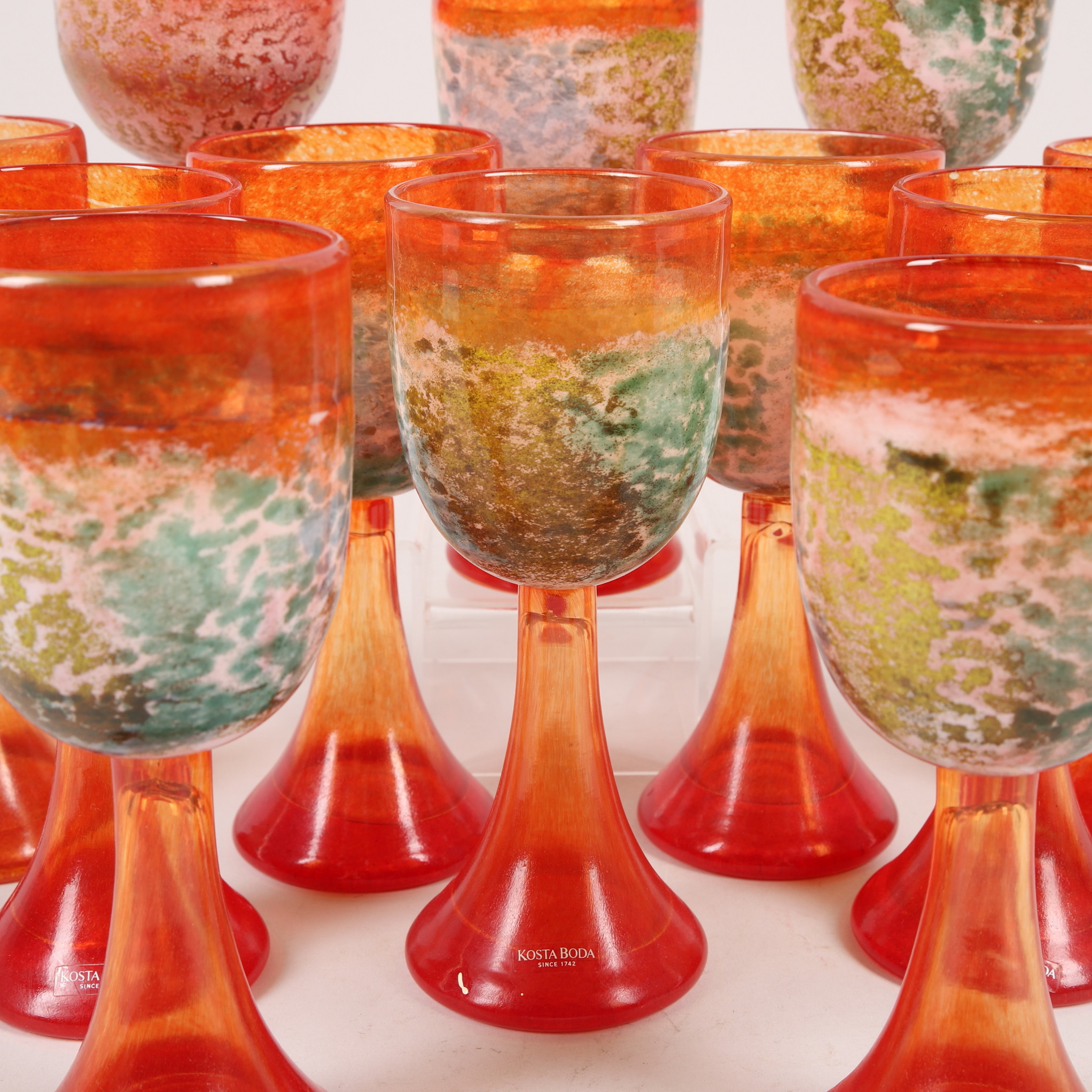KJELL ENGMAN. Pokalglas, 12 st, "Heliopora", konstglas, Kosta Boda, signerade.