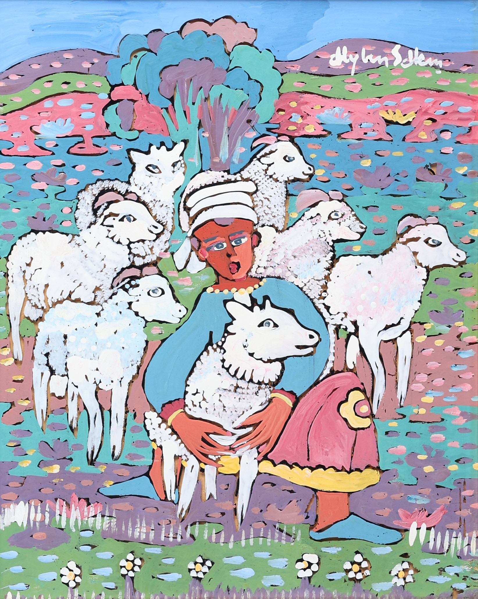 ALY BEN SALEM. Olja på glas, herde med boskap, signerad.