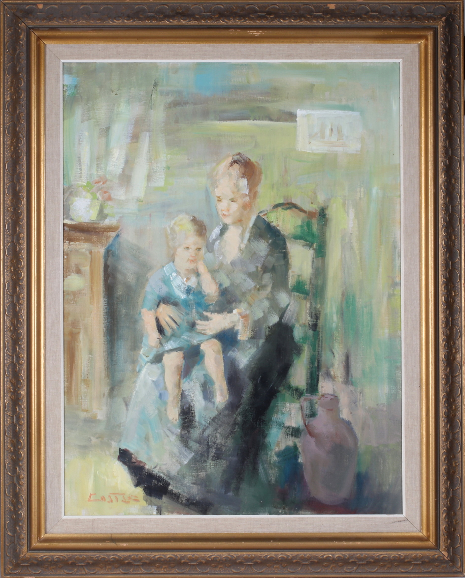 NICOLAI COSTER. Mamma med barn, olja på duk, signerad.