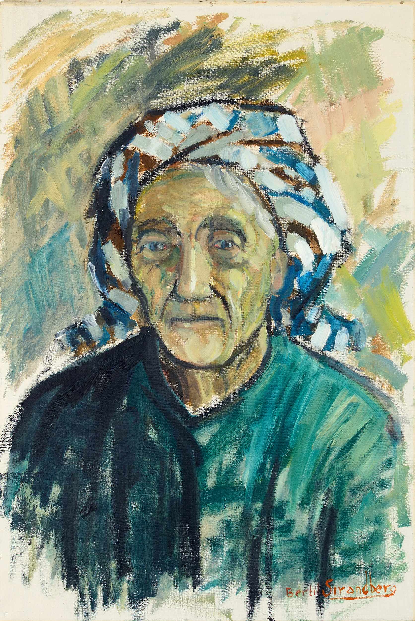 BERTIL STRANDBERG 1917-1989. Äldre kvinna med huckle.