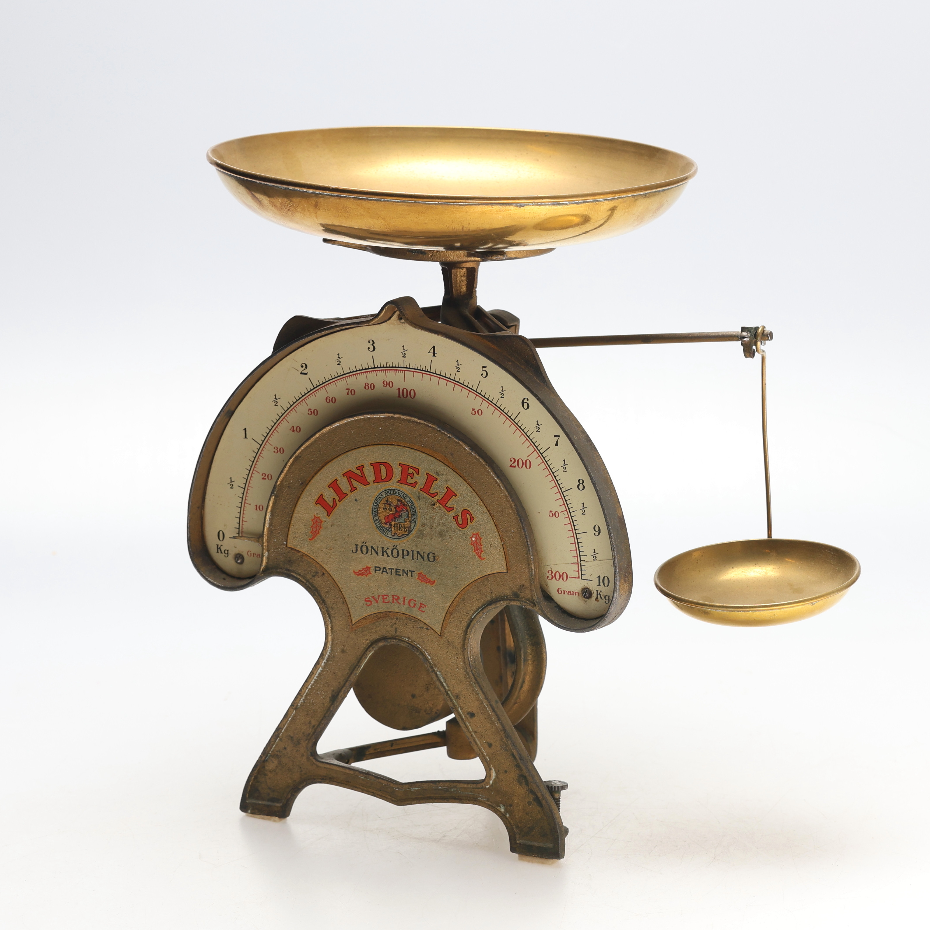 VÅG, mässing/gjutjärn, 10 kg, Lindells Vågfabrik, Jönköping, 1900-tal.