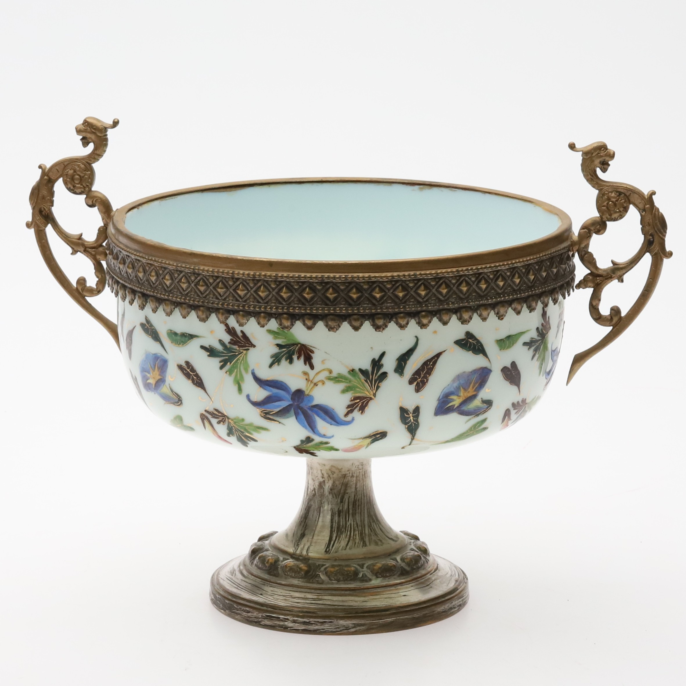 Skål på fot, handdekorerat glas, nysilver & bronserad metall. Blandad stil, Empire/Nyrokoko.