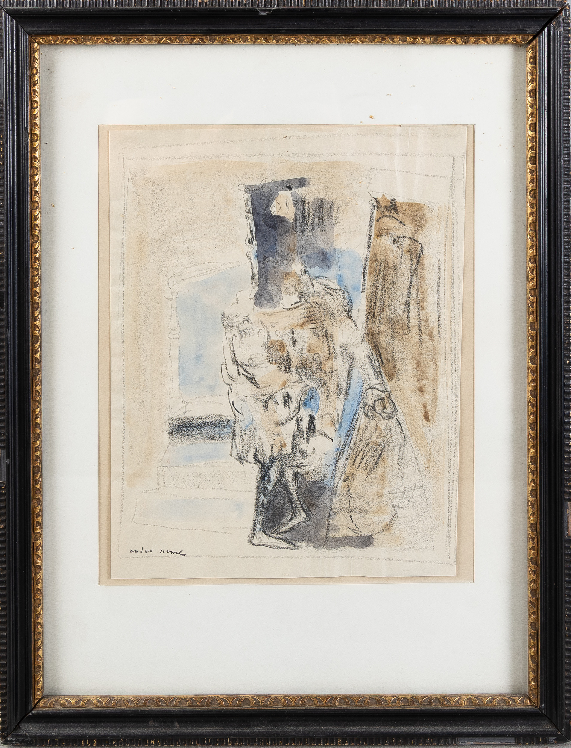 ENDRE NEMES. Blandteknik, komposition med trappa och gestalt i svart, beige och blått.