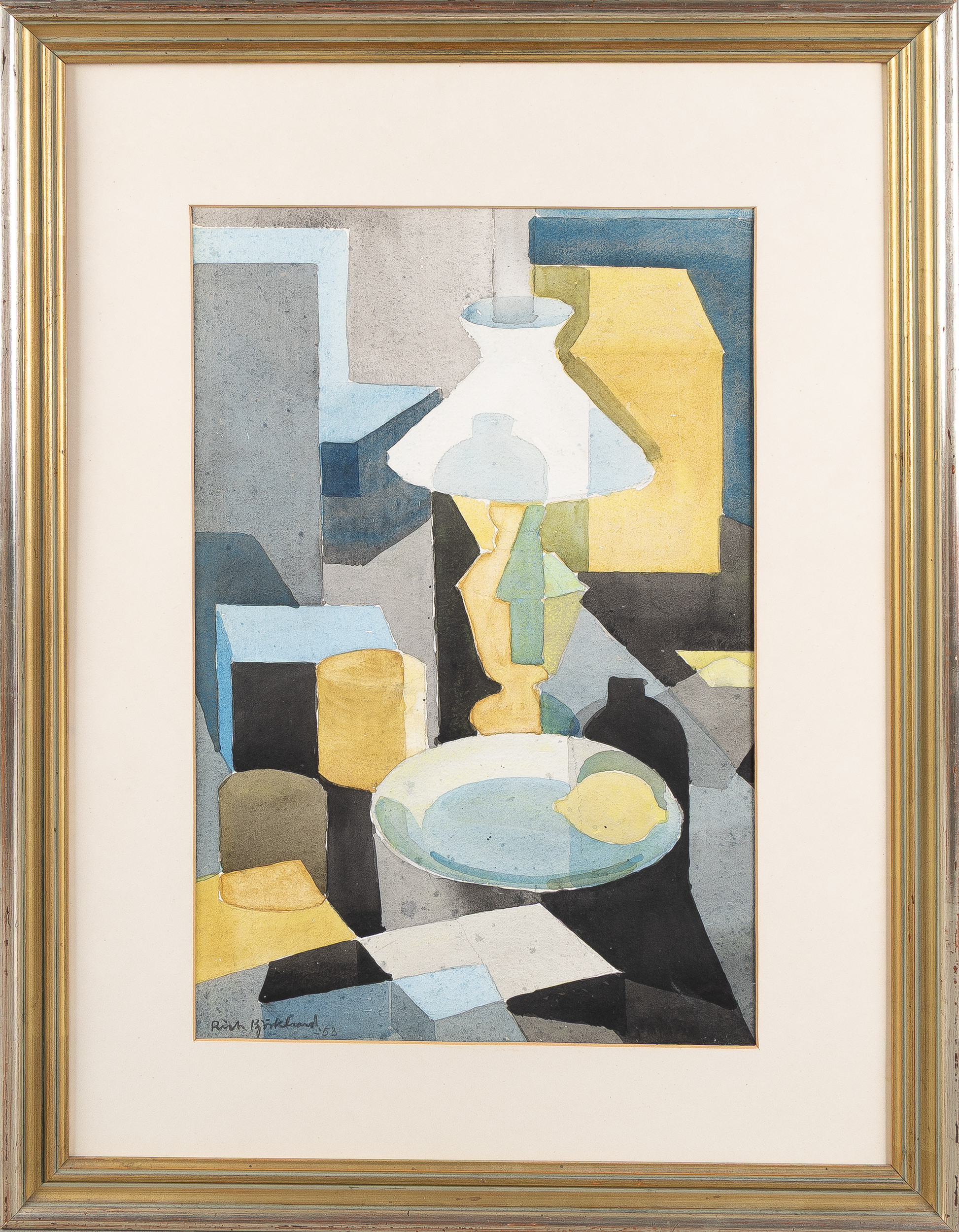 RICHARD BJÖRKLUND. Gouache, "Uppställning med lampa", signerad och daterad 1953.
