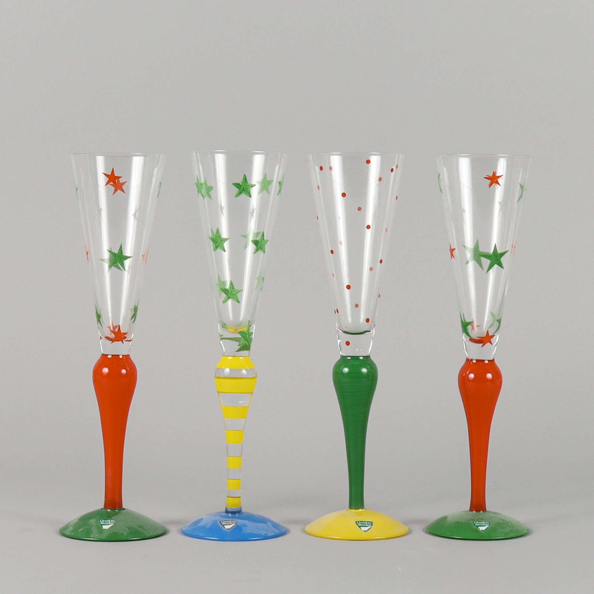 ANNE NILSSON. Champagneglas, glas "Clown", 4 stycken, handmålad dekor, signerade, Orrefors.