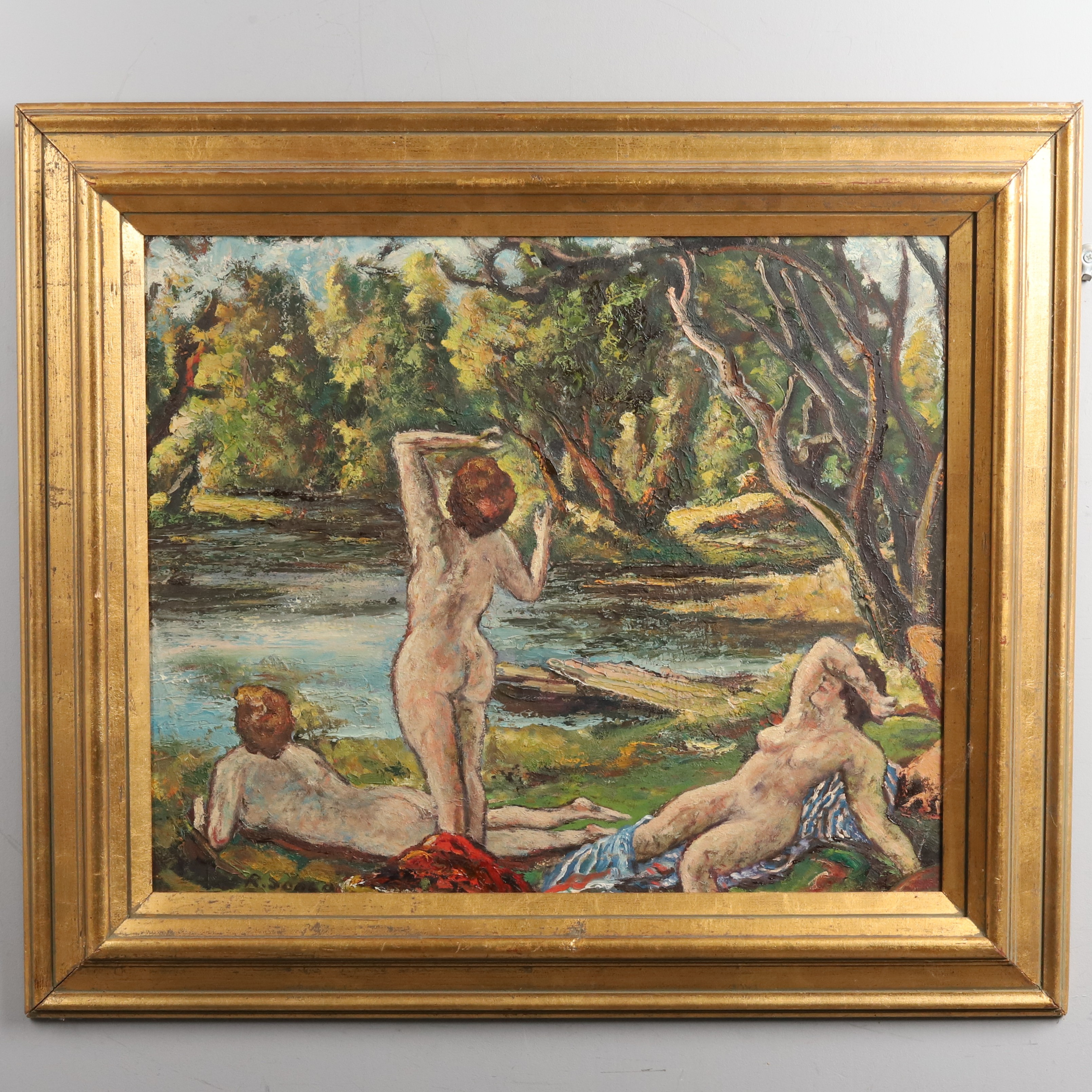 OIDENTIFIERAD KONSTNÄR. Olja på pannå, "Scen med badande kvinnor", signerad.