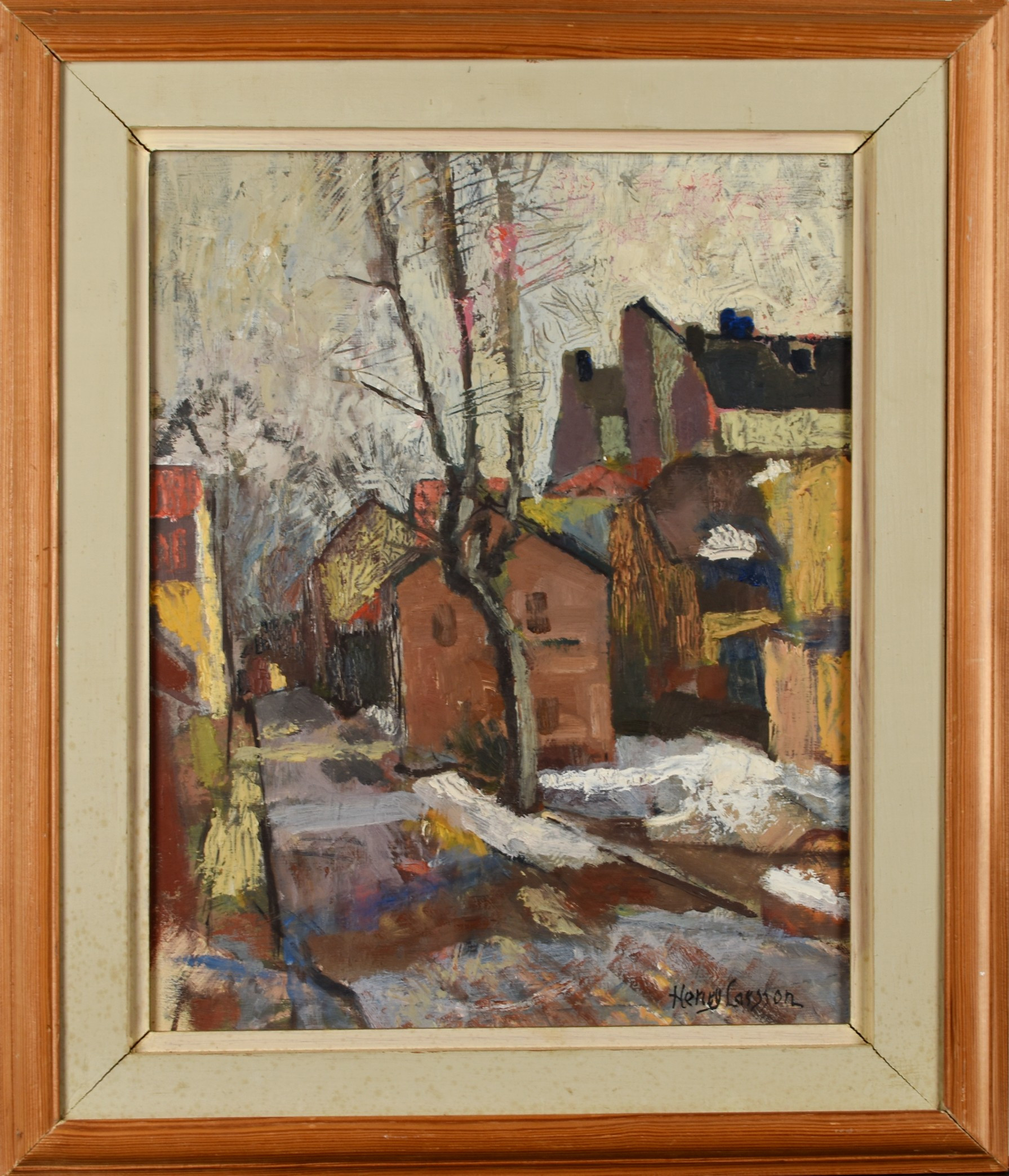 HENRY LARSSON. Olja, Signerad, "Stadsmotiv med snö".