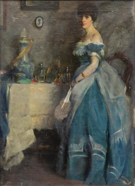 BELA LÉO SZABÓ (UNGERN, 1887-?). Dam med handväska vid toalettbord, olja på duk, signerad och atergo signerad och daterad -39.