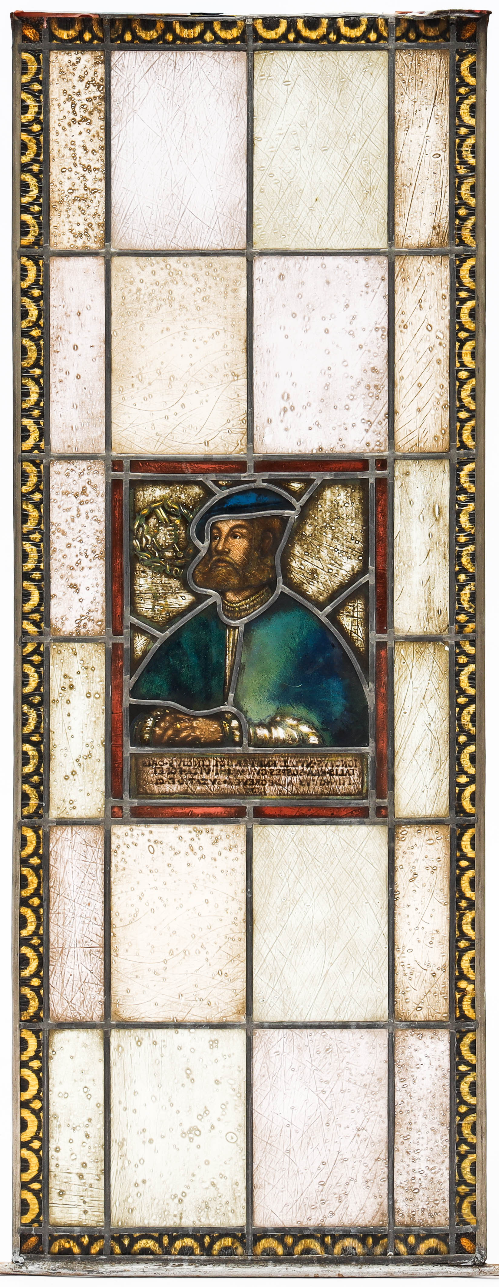 HEINRICH ALDEGREVER. Blyinfattatglas, porträtt av Bernhard Knipperdolling, enligt gravyr bemålad av Heinrich Aldegrever.
