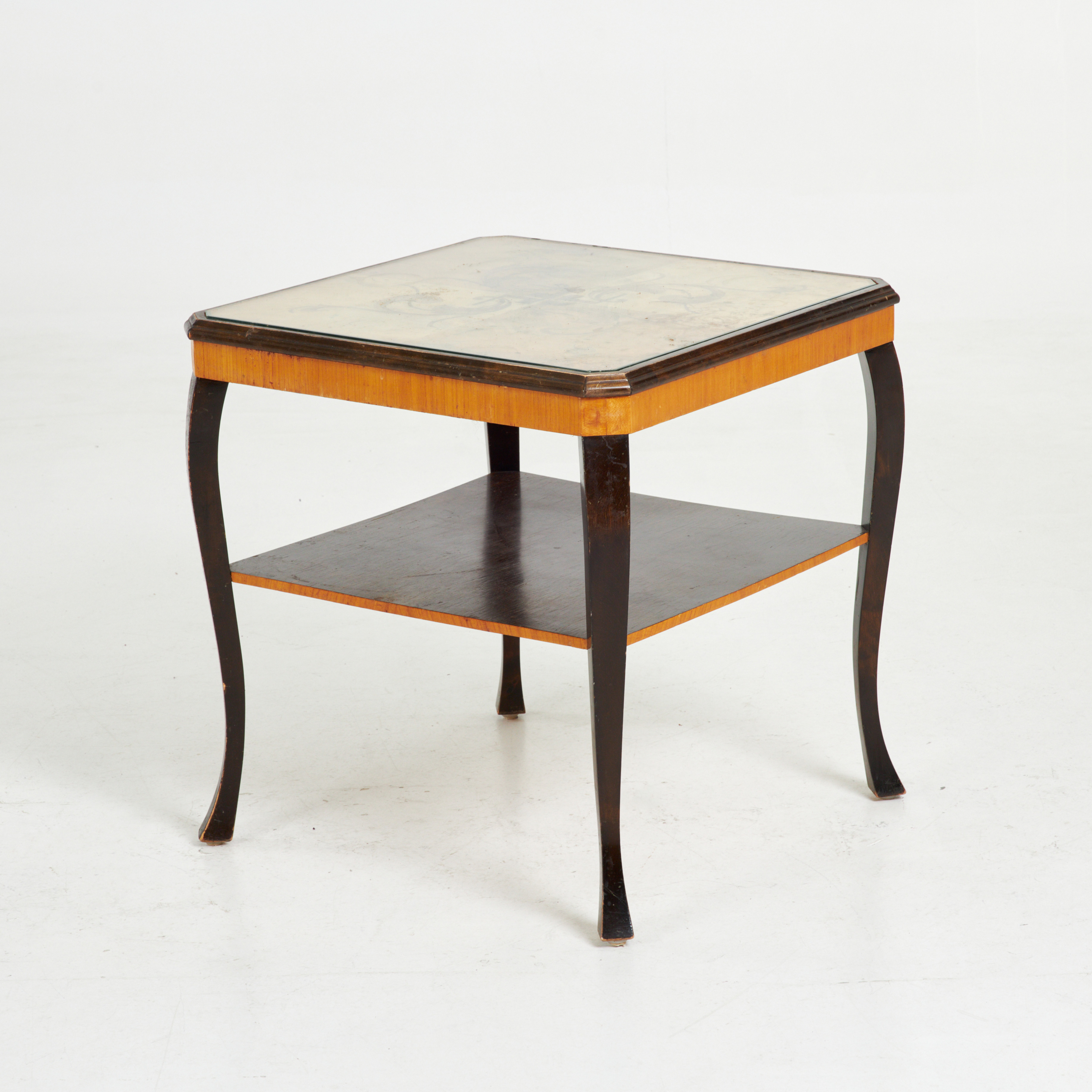 RÖKBORD, 1920-tal, Swedish Grace, stomme i björk, intarsiadekor med flertalet träslag, glasskiva.