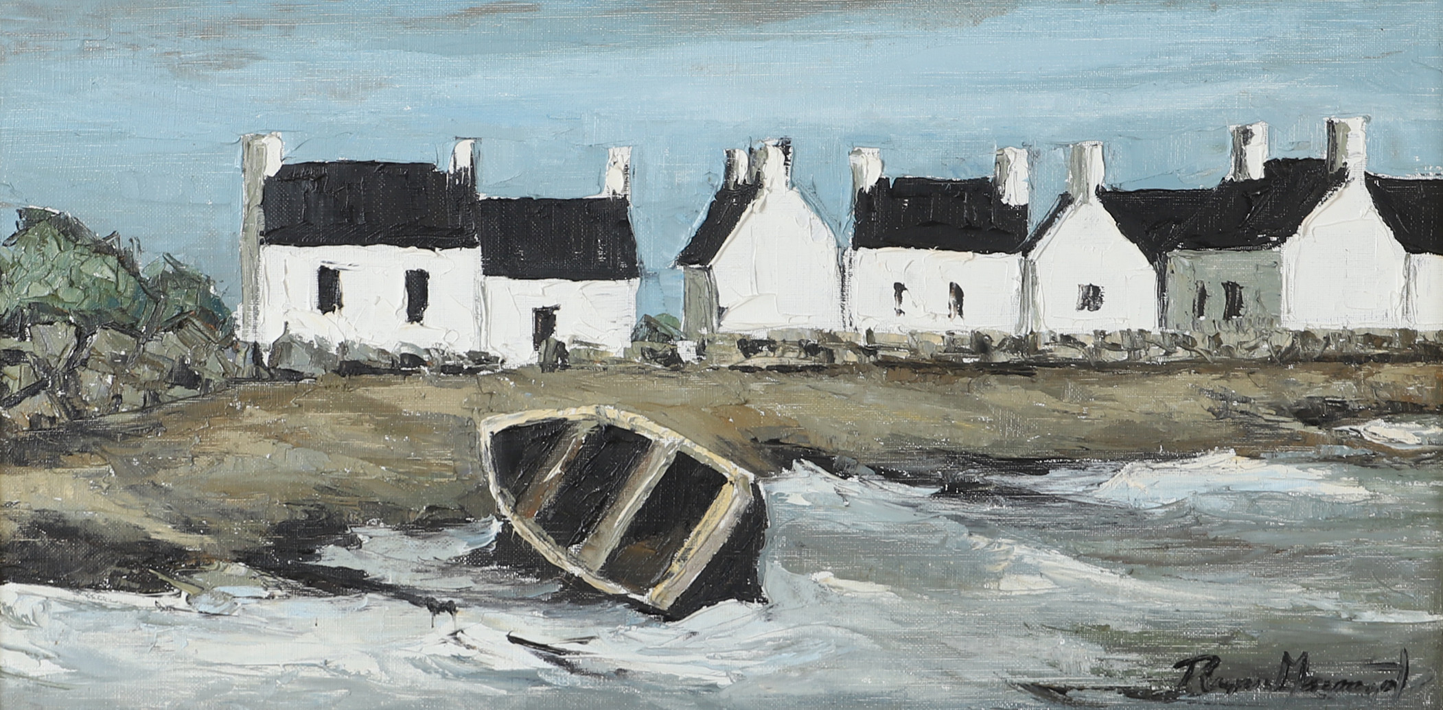 OIDENTIFIERAD KONSTNÄR. Hus vid kusten, olja på duk, otydligt signerad.