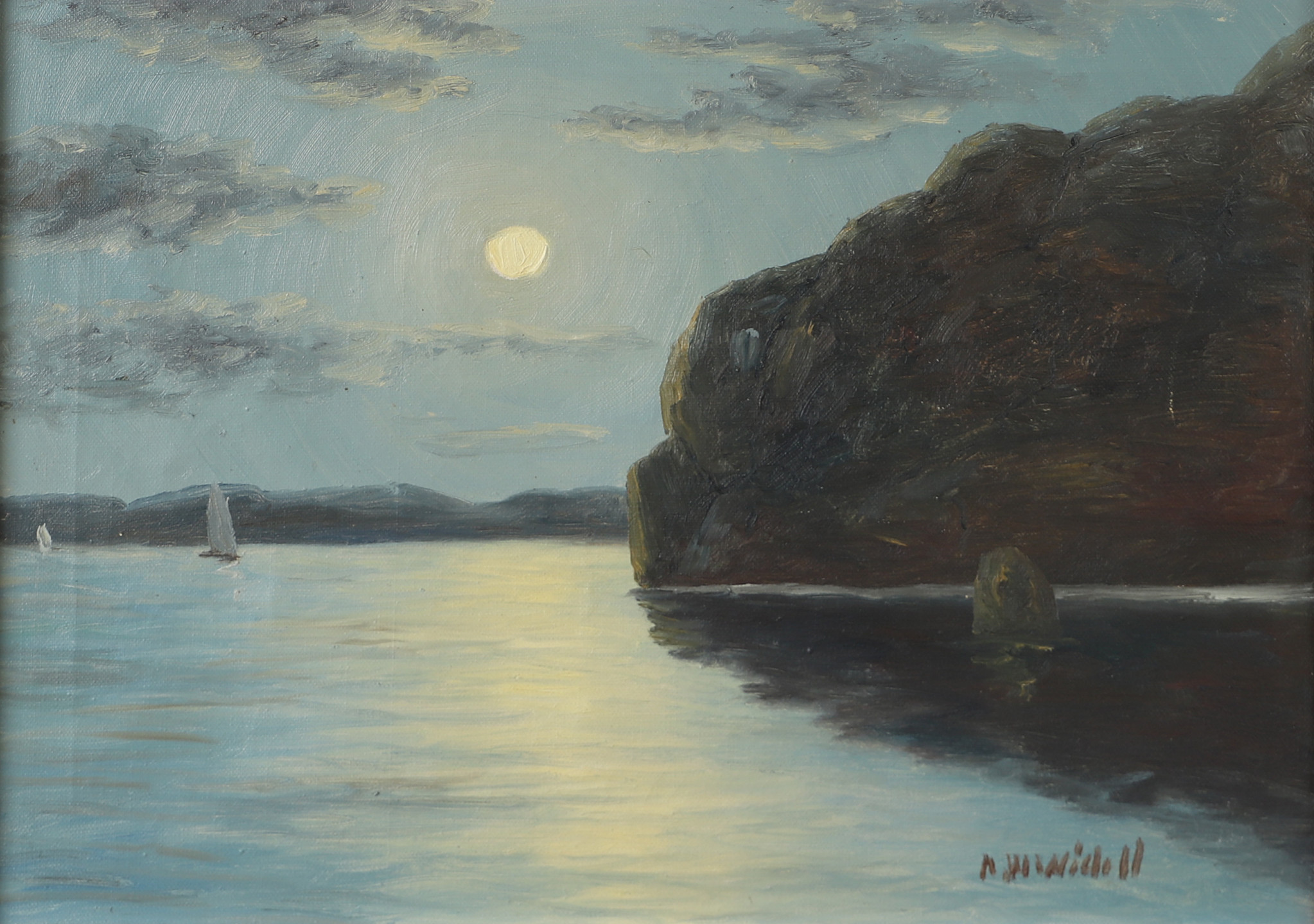 OIDENTIFIERAD KONSTNÄR. Sjölandskap med båt, olja på duk, signerad Widell.