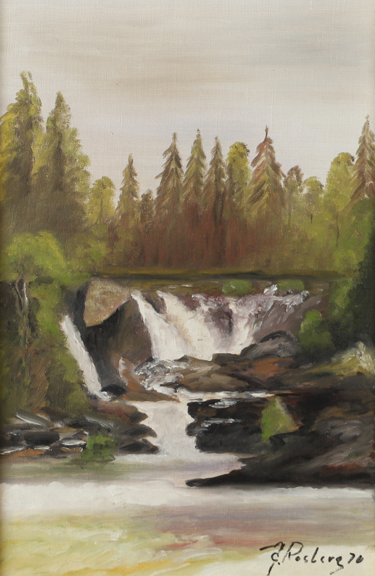 OIDENTIFIERAD KONSTNÄR. Vattenfall, olja på duk, signerad Rosberg.