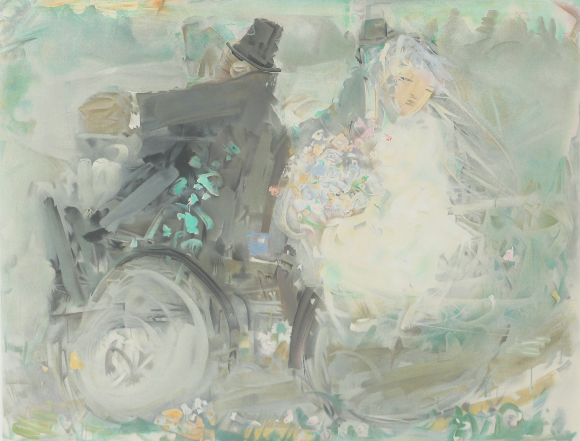 RAGNAR PERSSON. "Bröllopsfärden", handkolorerad färglitografi, signerad.