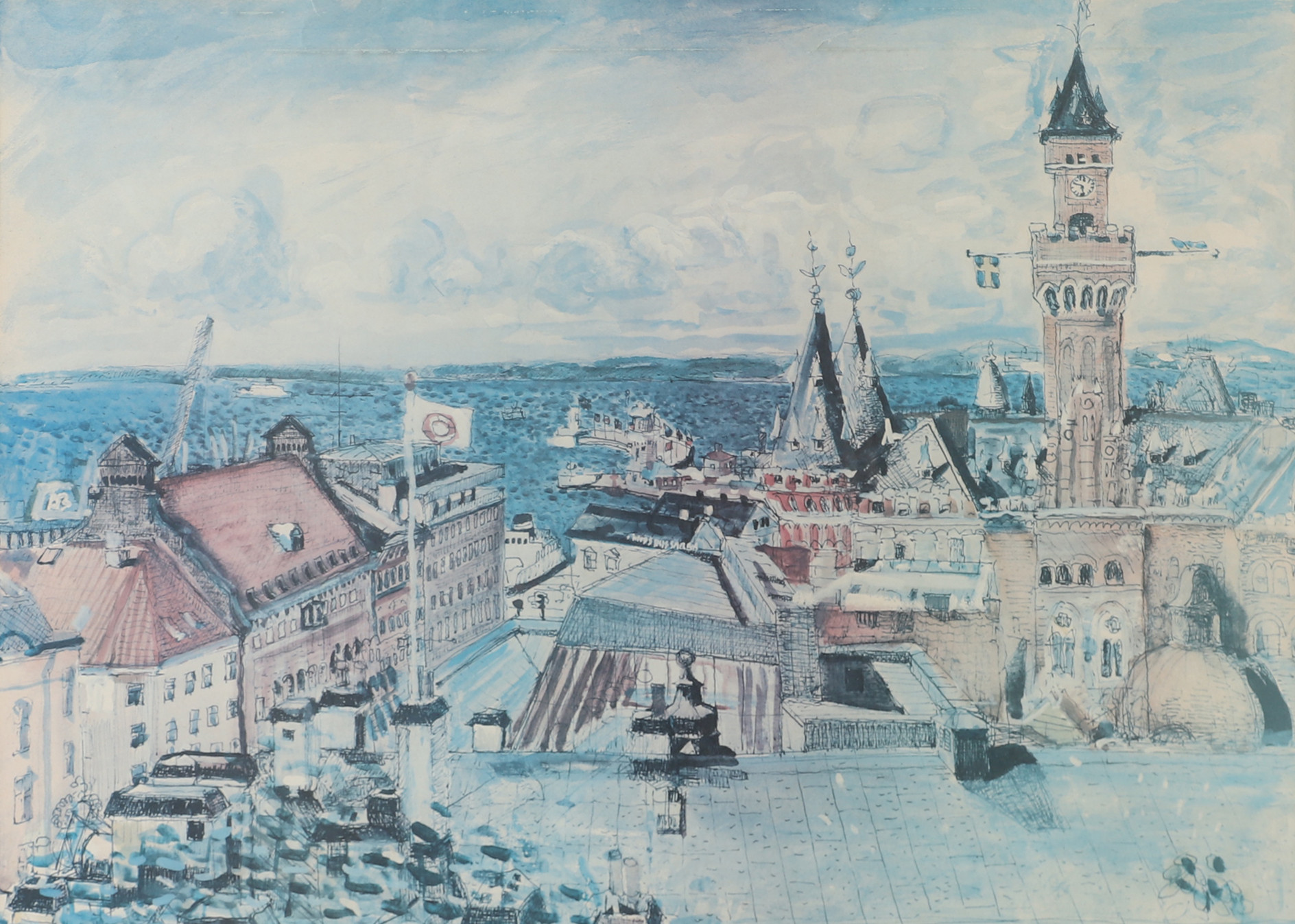 LARS HERDER. Helsingborgsmotiv, färglitografi, signerad.