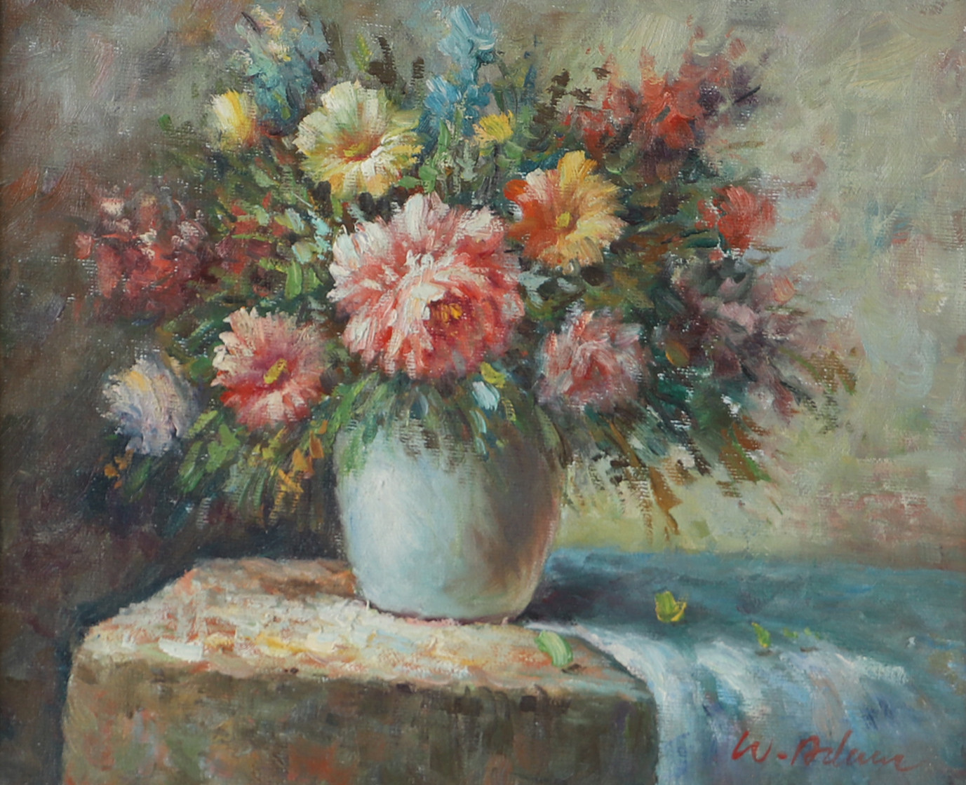 OIDENTIFIERAD KONSTNÄR. Blomsterstilleben, olja på duk, otydligt signerad.