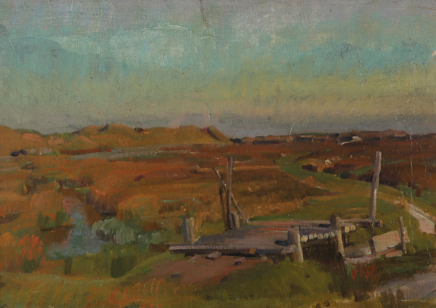 OIDENTIFIERAD KONSTNÄR. Landskap med bro, olja på duk, otydligt signerad.