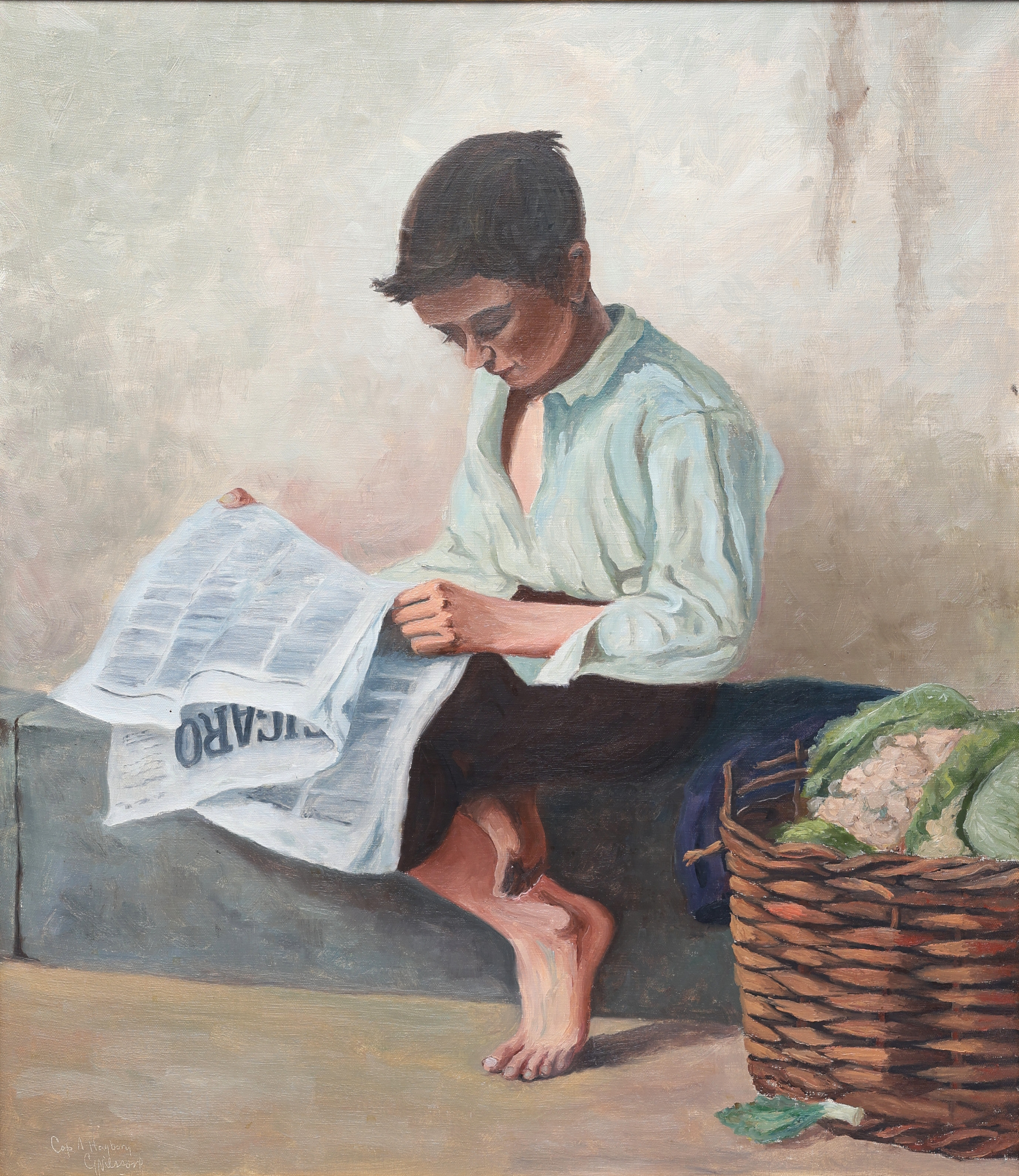 OIDENTIFIERAD KONSTNÄR. Olja på duk, läsande pojke, signerad.