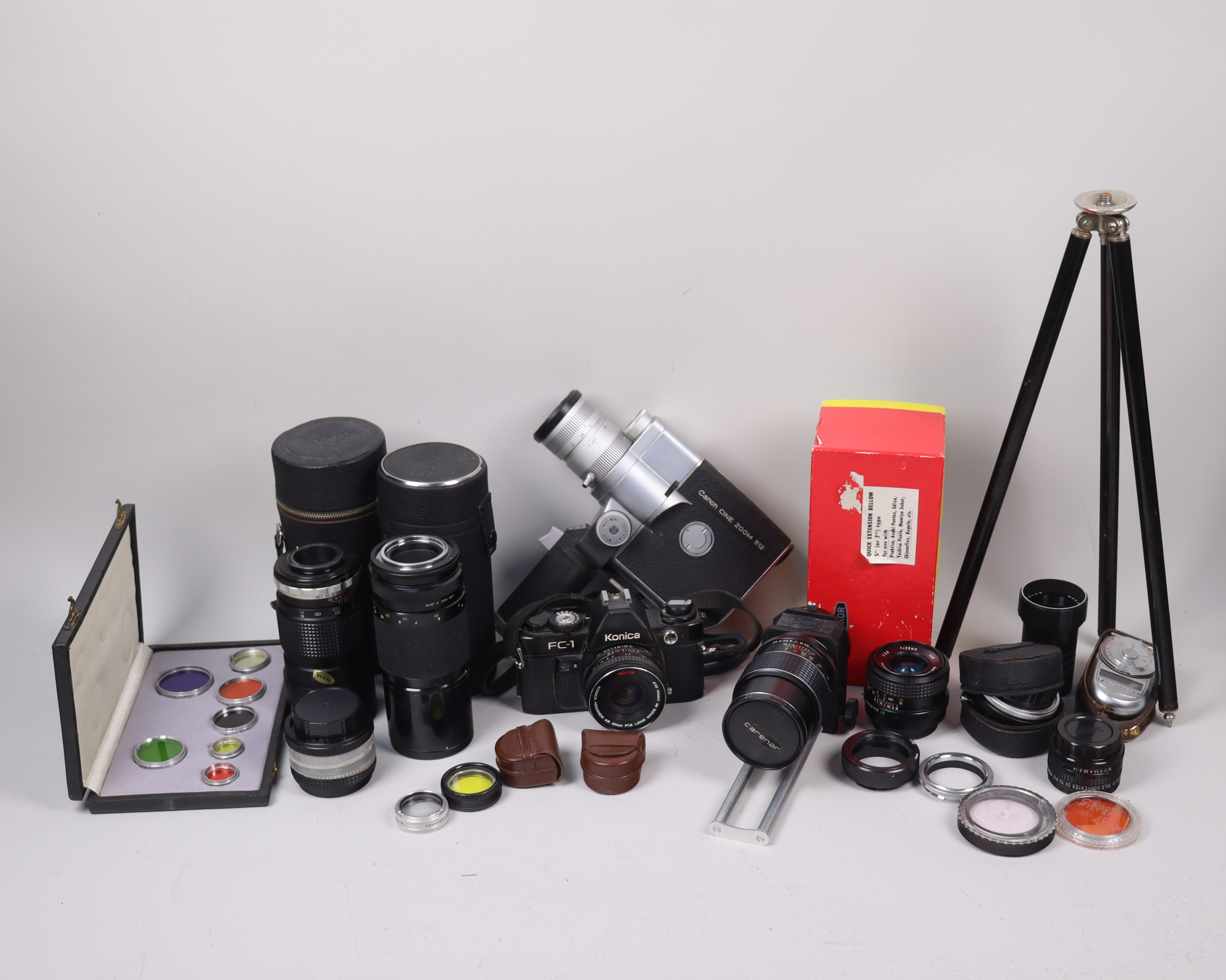 KAMERAUTRUSTNING, Konica FC-1, Canon Cine Zoom 512, diverse objektiv, filter mm.