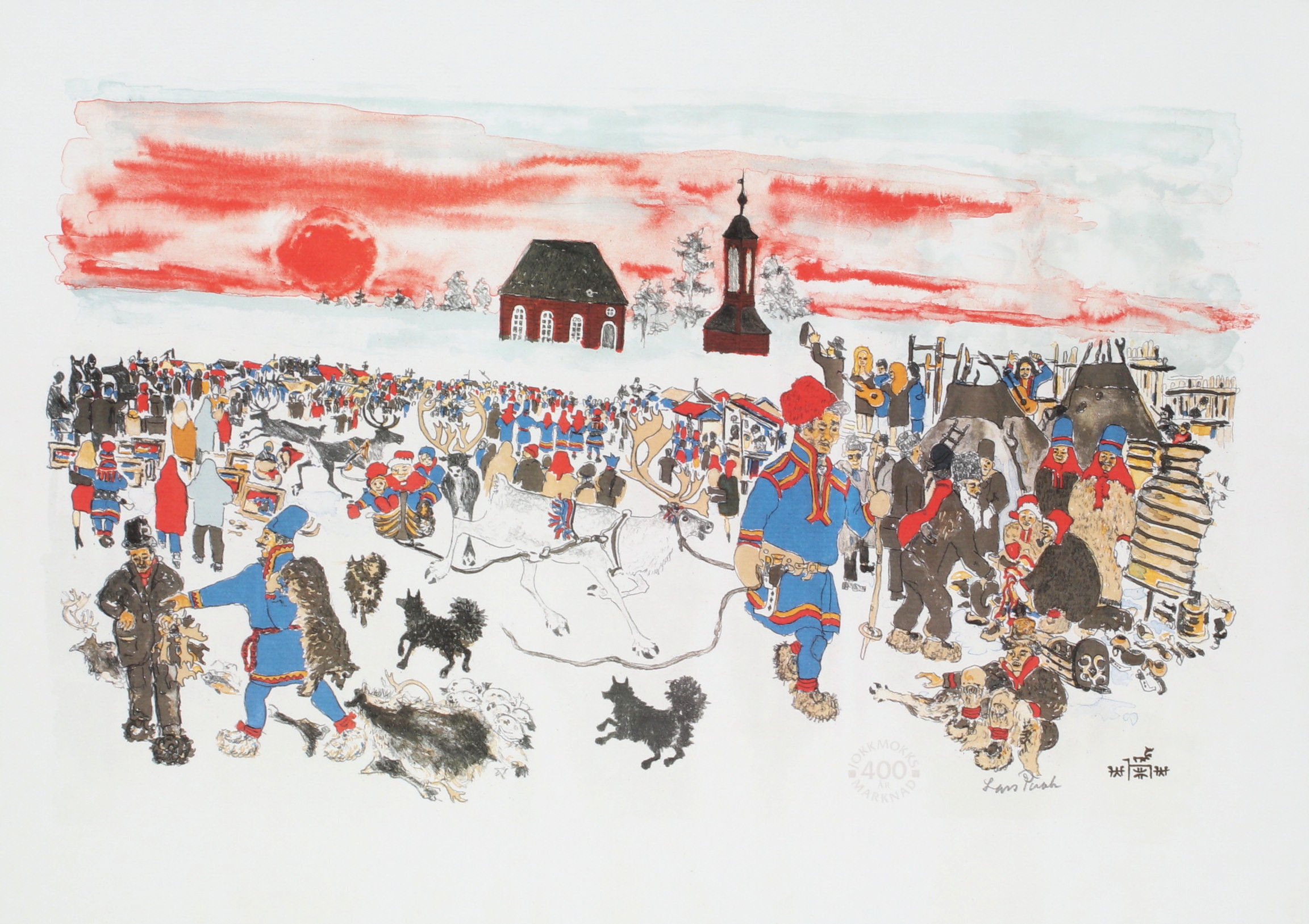 LARS PIRAK. "Jokkmokks marknad 400 år", tryck med stämpel samt signerad i blyerts.