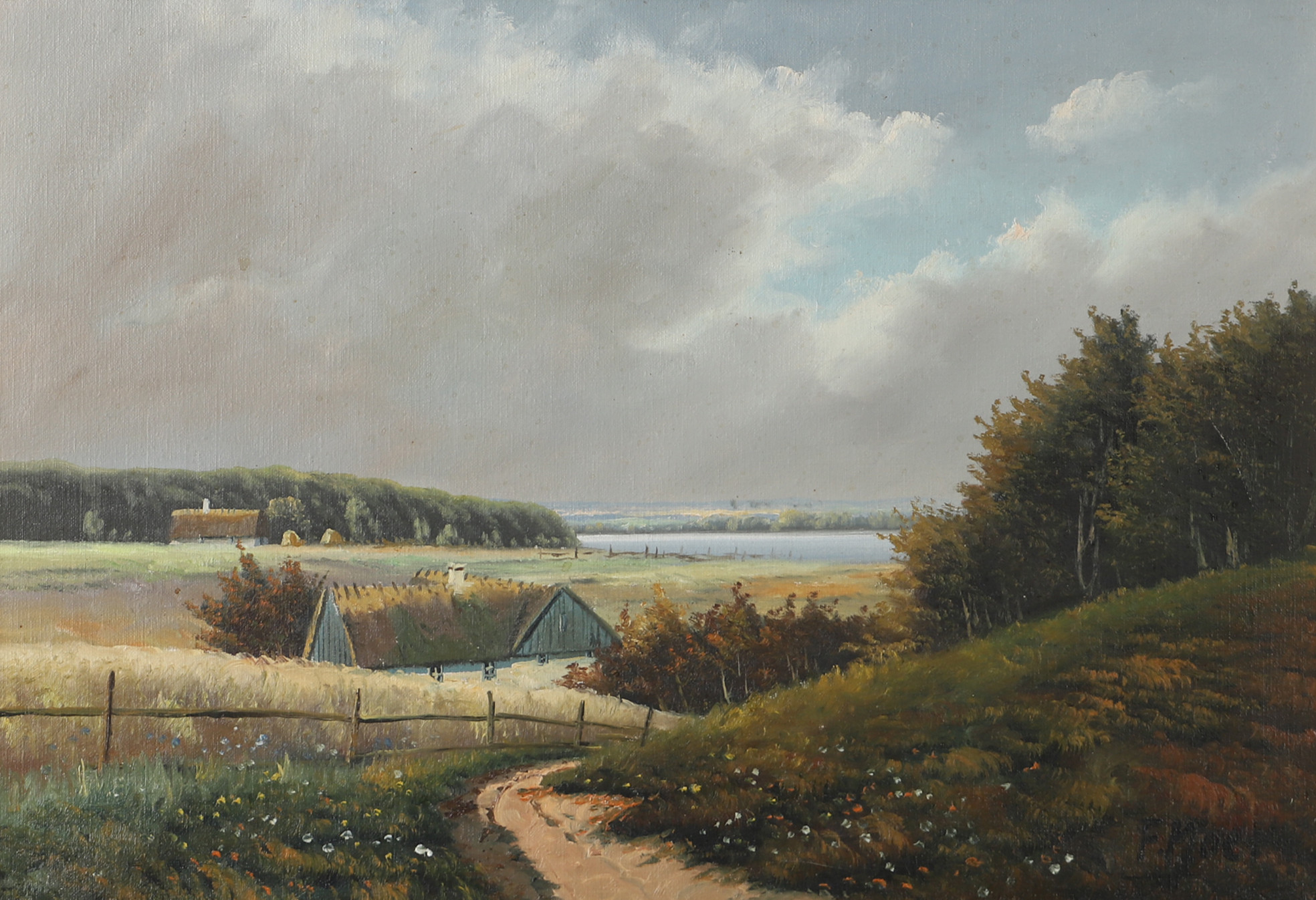 OIDENTIFIERAD KONSTNÄR. Kustlandskap med hus, olja på duk, otydligt signerad.