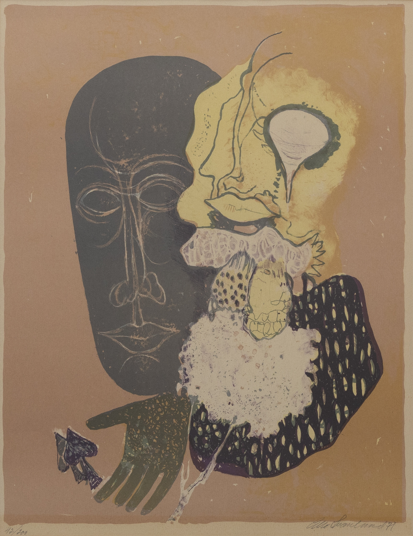 OLLE SVANLUND. Motiv av ansikte, färglitografi, signerad och daterad -71.