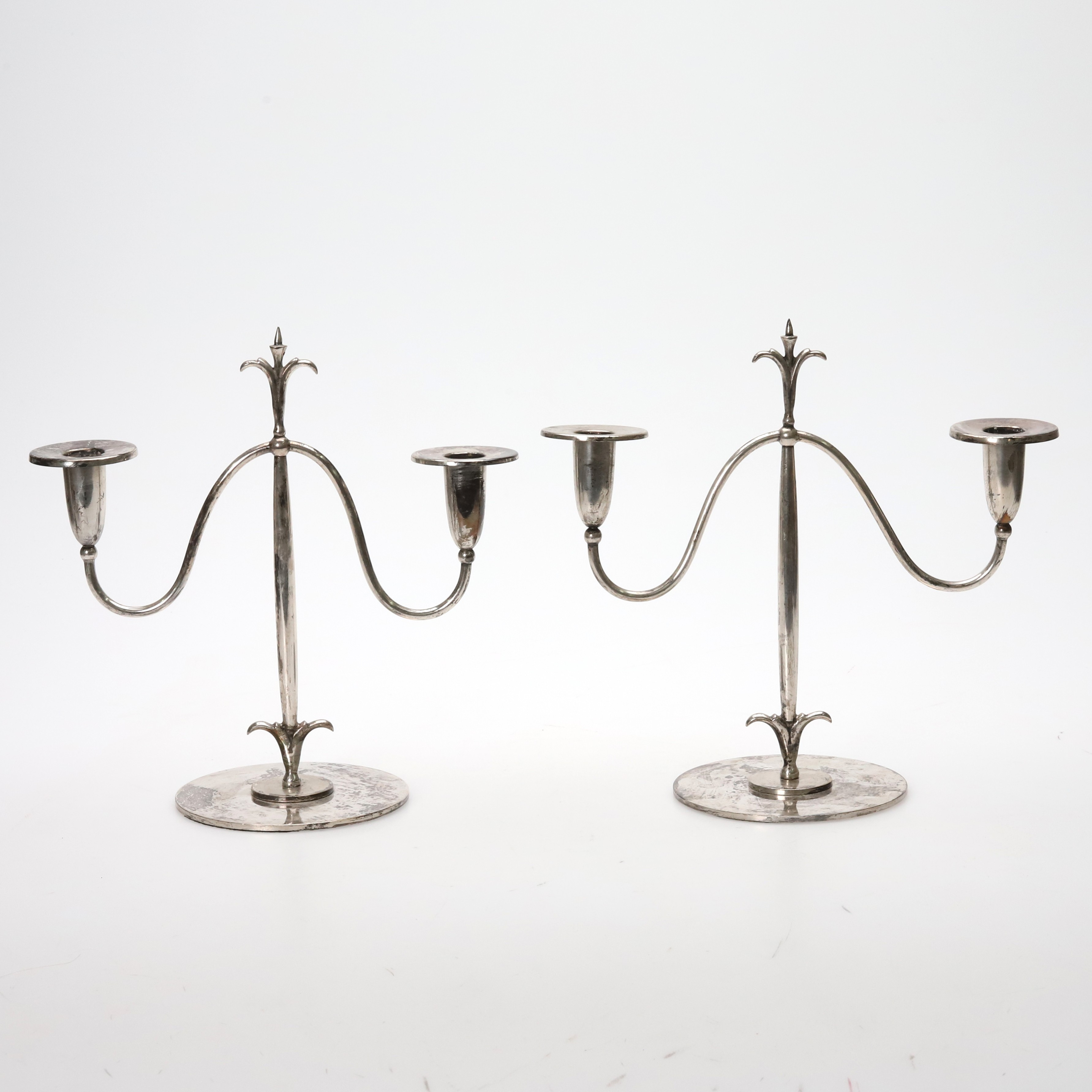 ELIS BERGH. Kandelabrar, 1 par, nysilver, C.G. Hallberg, Swedish Grace, 1920-tal.