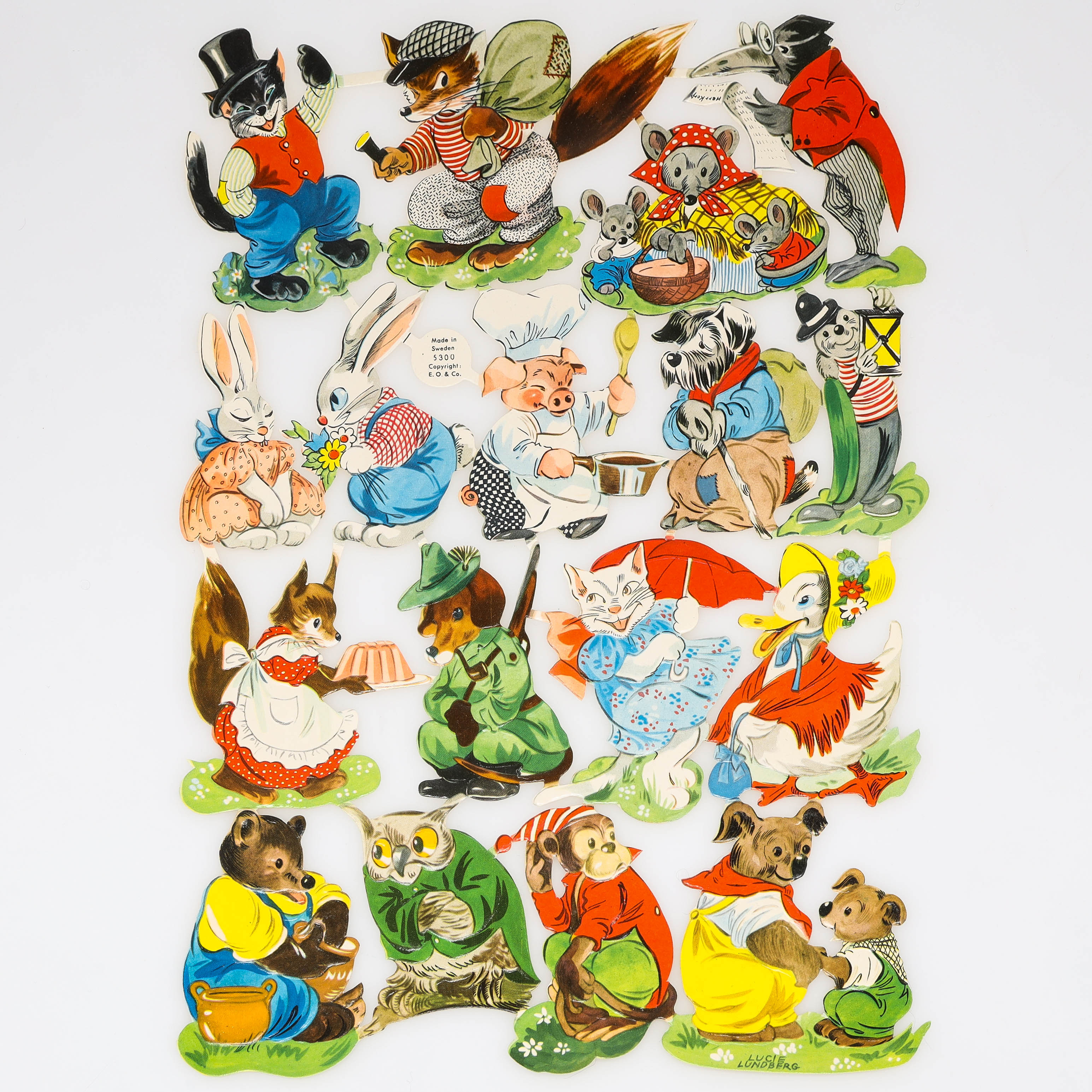 BOKMÄRKEN, ark med 17 figurer, illustrerat av Lucie Lundbergm E.O & Co, Sverige.