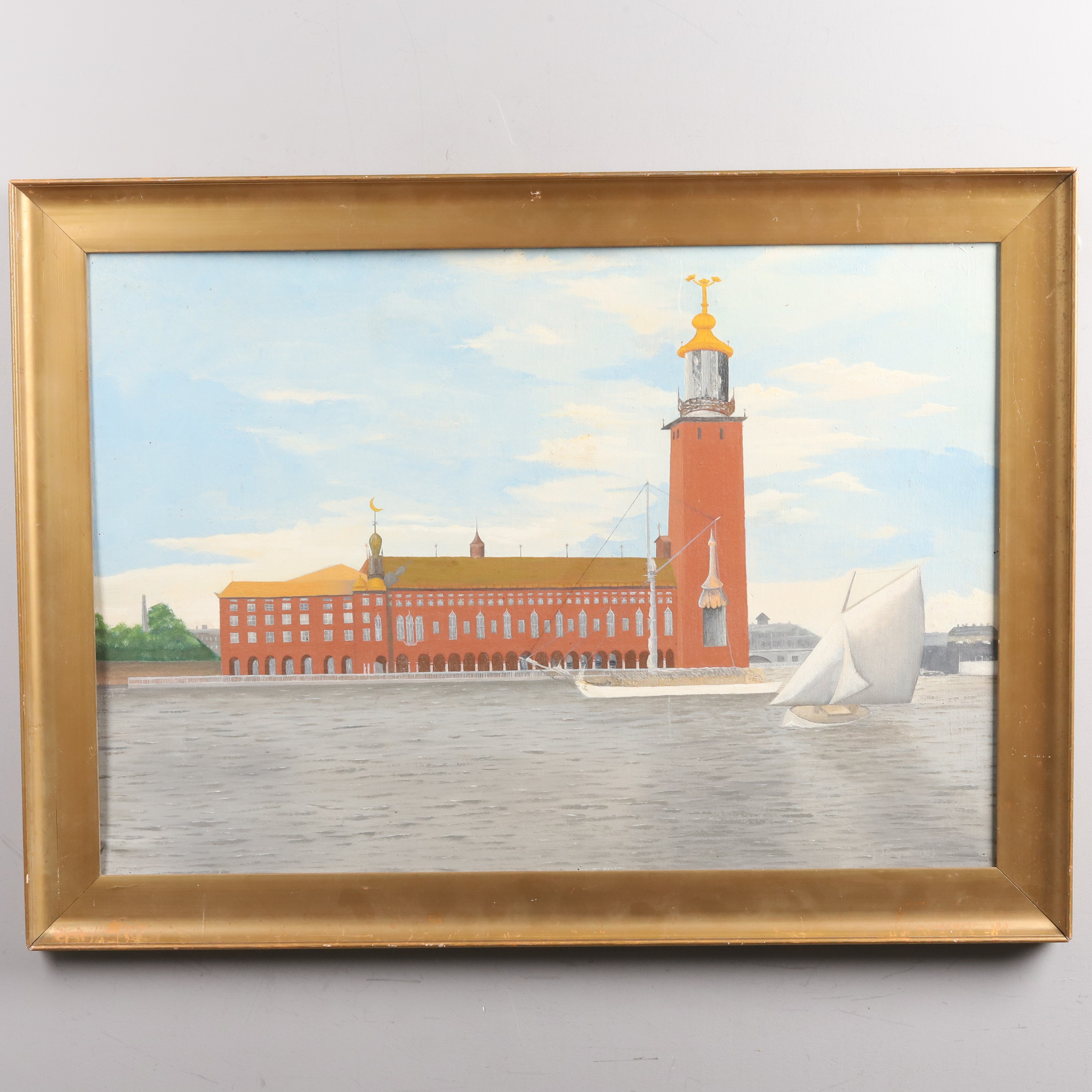 OKÄND KONSTNÄR, OLJA PÅ PANNÅ, "Stockholms stadshus", 1929, signerad.