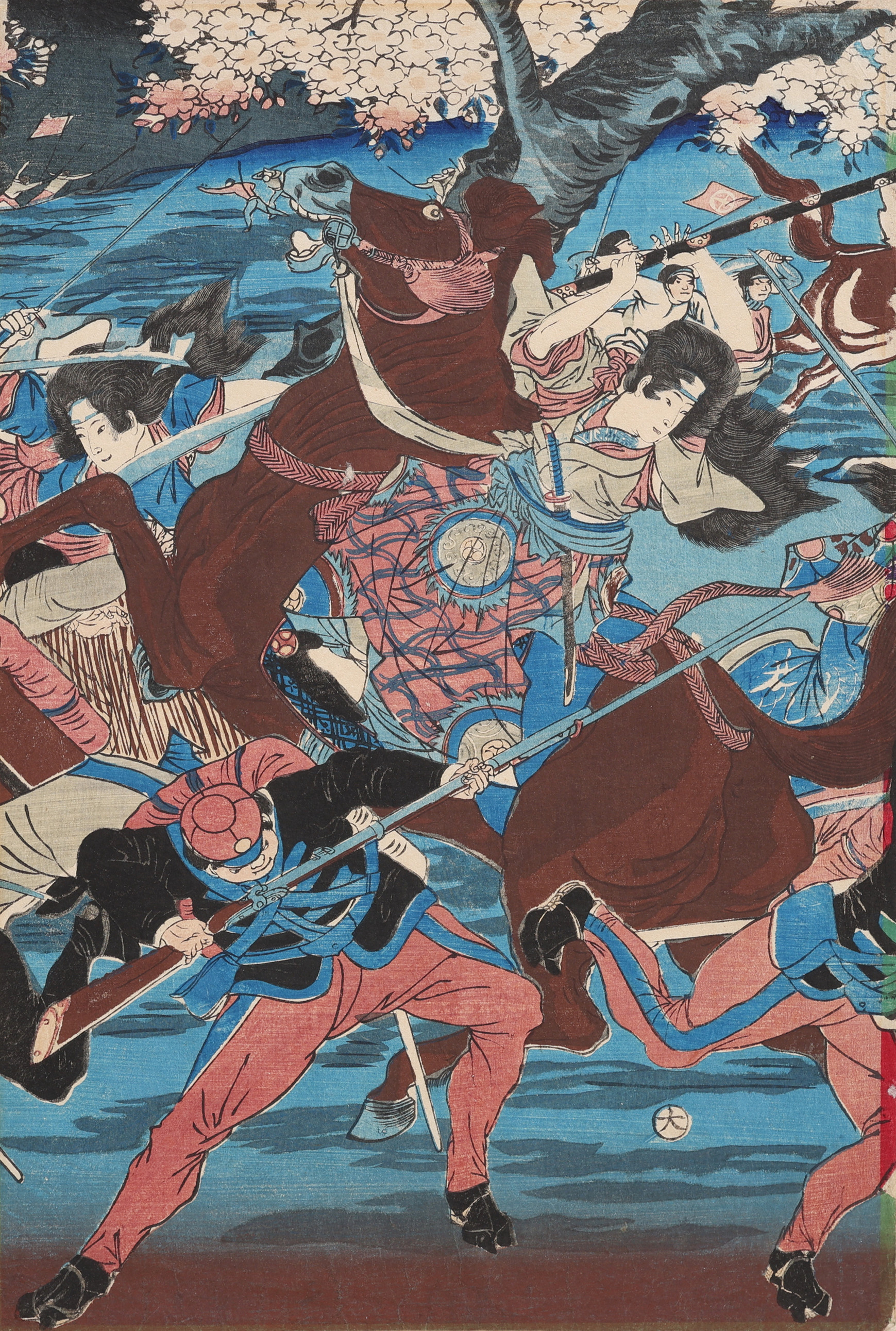 TRÄSNITT, UKIYO-E, ONNA-BUGEISHA, SANNOLIKT DEN KVINNLIGA SAMURAIEN NAKANO TAKEKO VID SLAGET VID AIZU 1868. OIDENTIFIERAD KONSTNÄR.