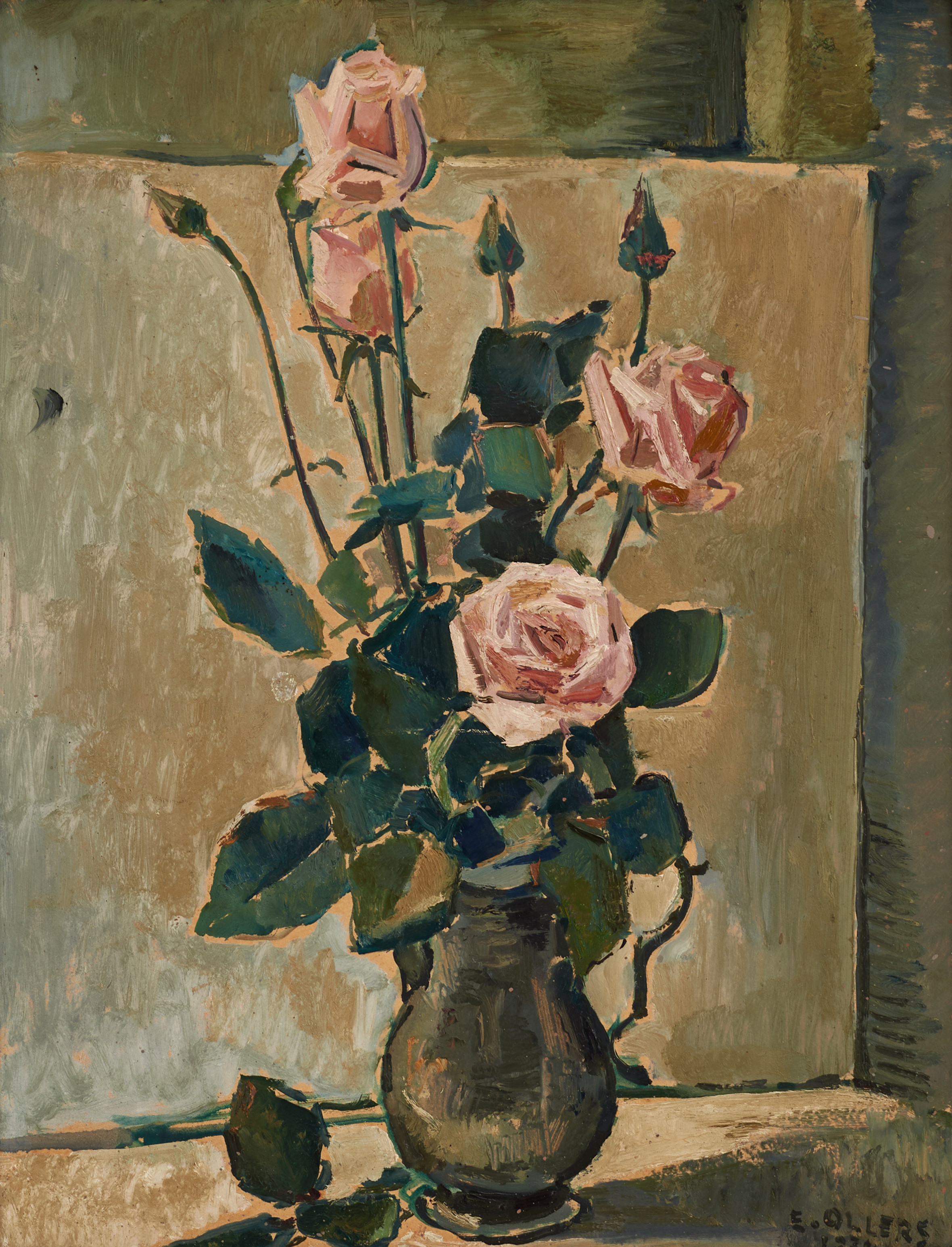 EDVIN OLLERS (1888-1959), Skära rosor, signerad, 1930-tal, olja på pannå.