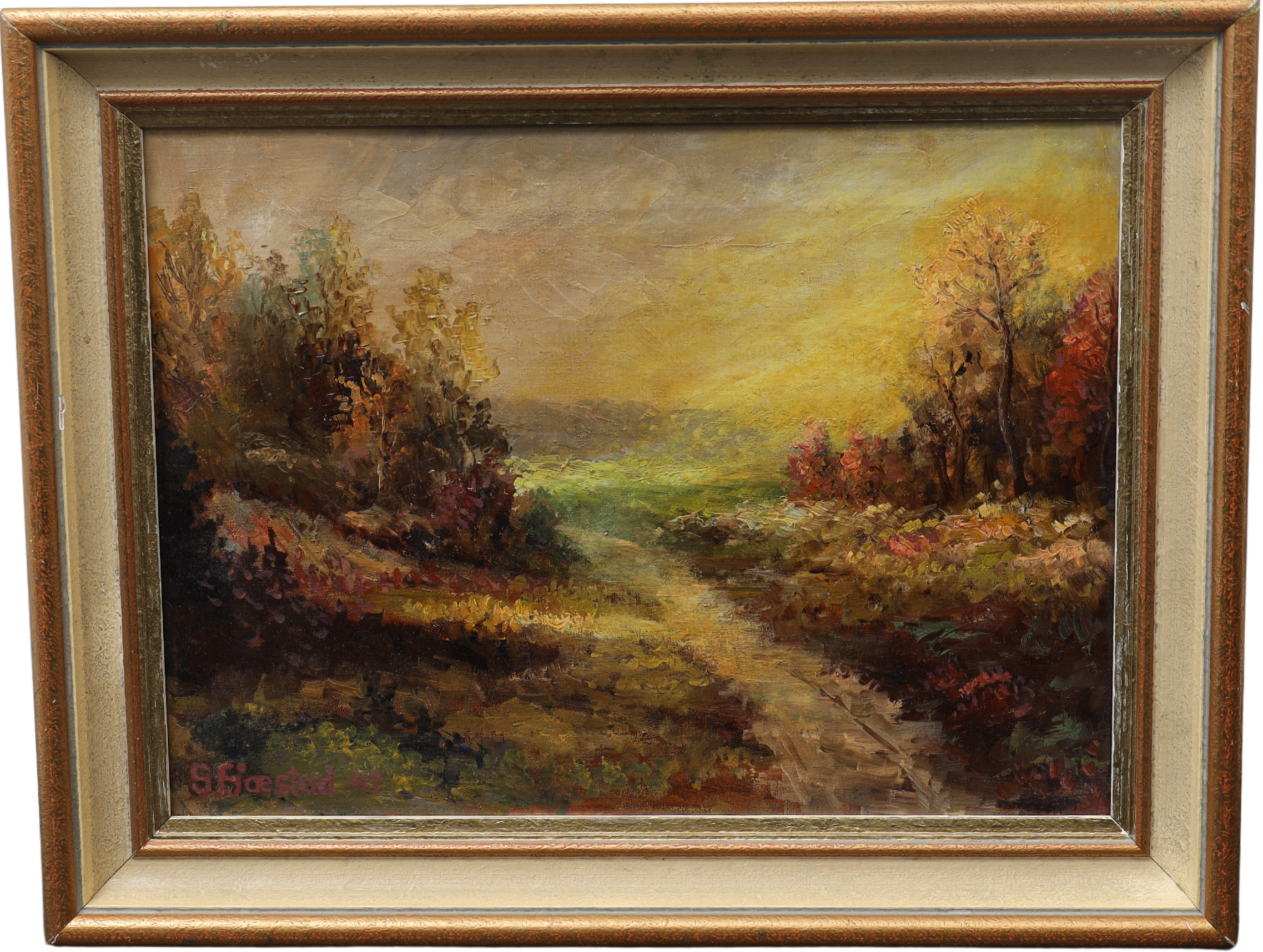 OIDENTIFIERAD KONSTNÄR. Skogsbild, bär signatur S Fjaestad daterad 49.