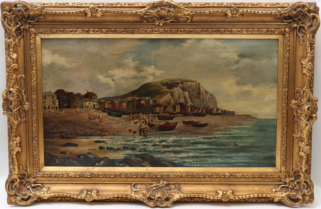 OIDENTIFIERAD KONSTNÄR. Strandband med figurer, signerad Giorgio, oljemålning på duk.