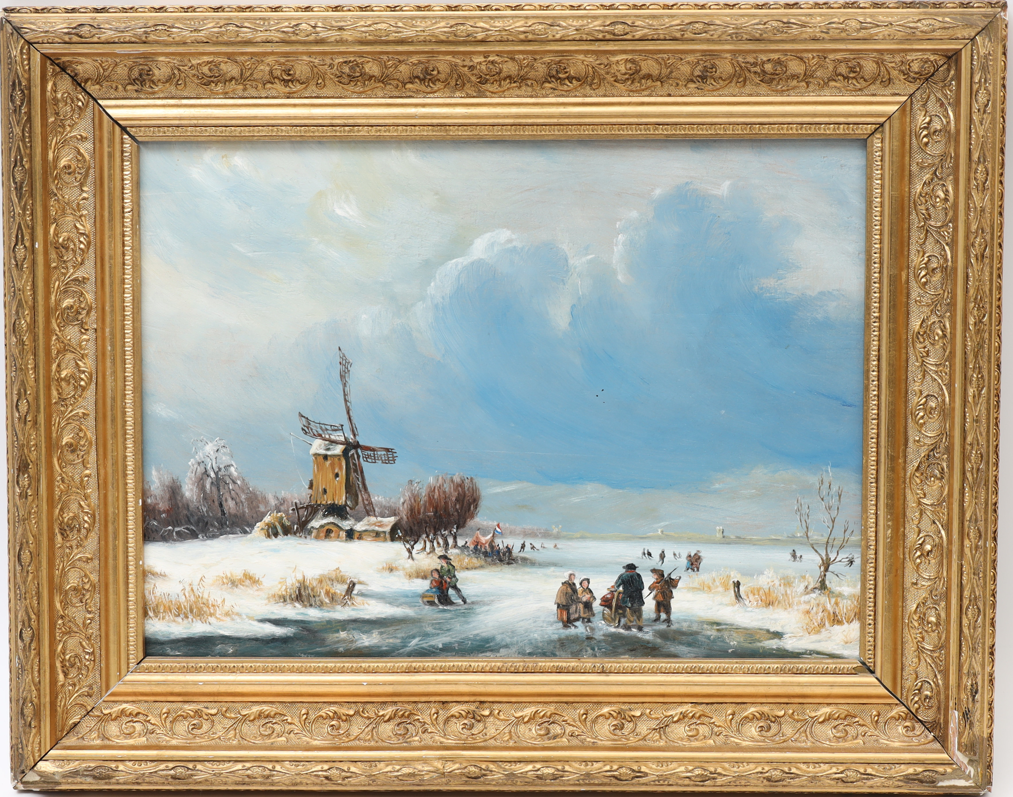 OKÄND KONSTNÄR. Vinterlandskap med figurer, oljemålning på träskiva. 1800-tal.