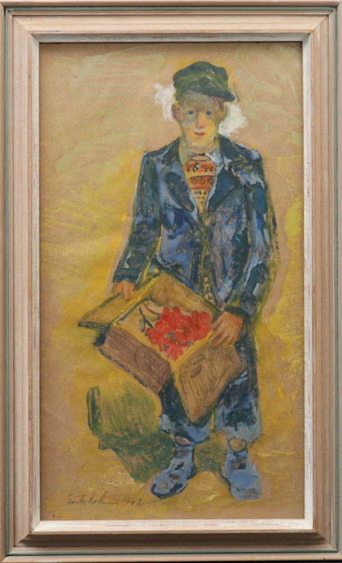 OIDENTIFIERAD KONST. Mansfigur med blommor, otydligt signerad och daterad 1943, blandteknik.