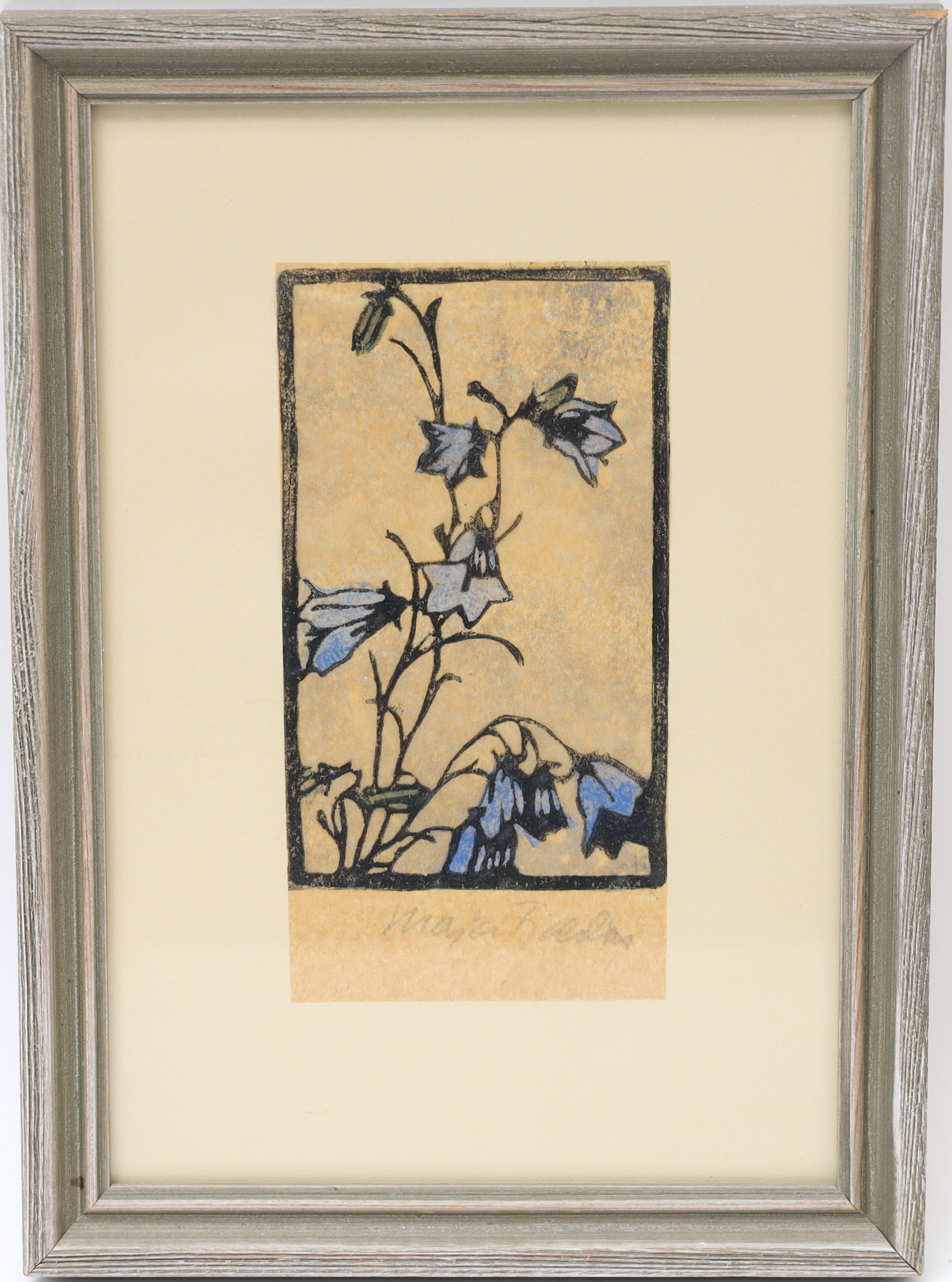 MAJA FJAESTAD. Färgträsnitt, blåklockor, signerat.