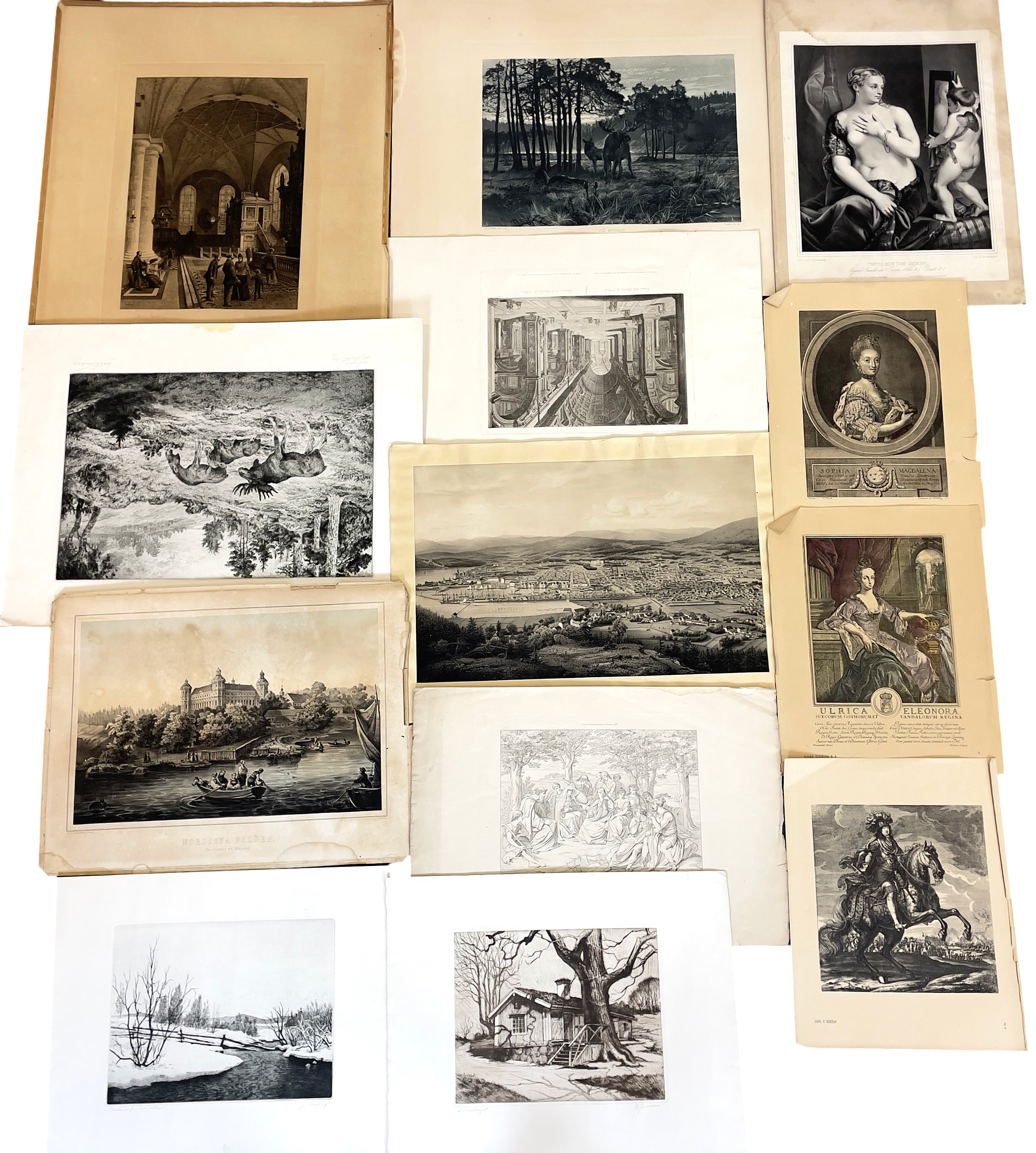 PARTI GRAFISKA BLAD, etsningar/kopparstick, 13 st, bl a "Älgar" efter Axel Österberg, 18/1900-tal.