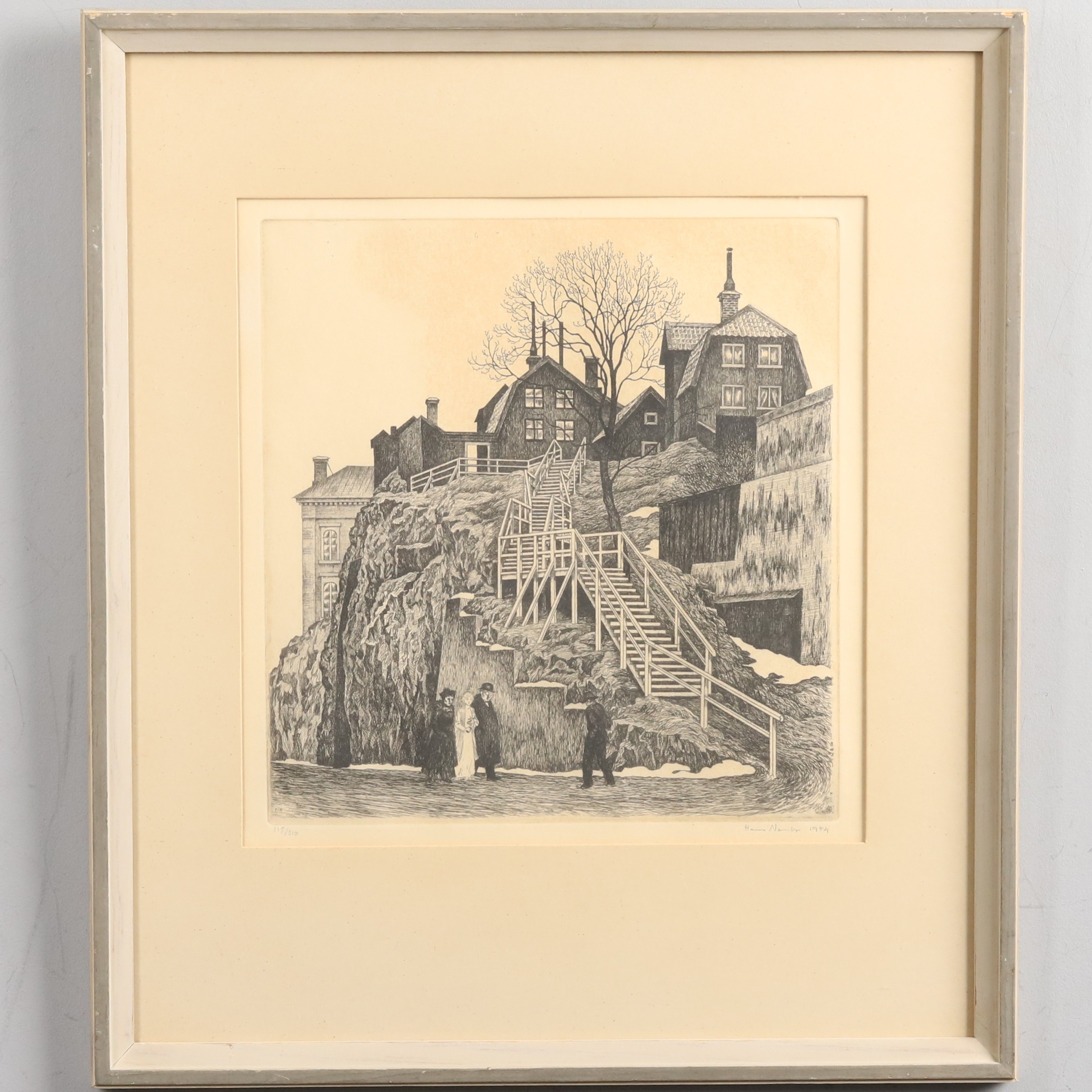 HANS JOHANSON NORSBO. Etsning, Nr 118/310, "Trappor på söder", signerad & daterad 1954.