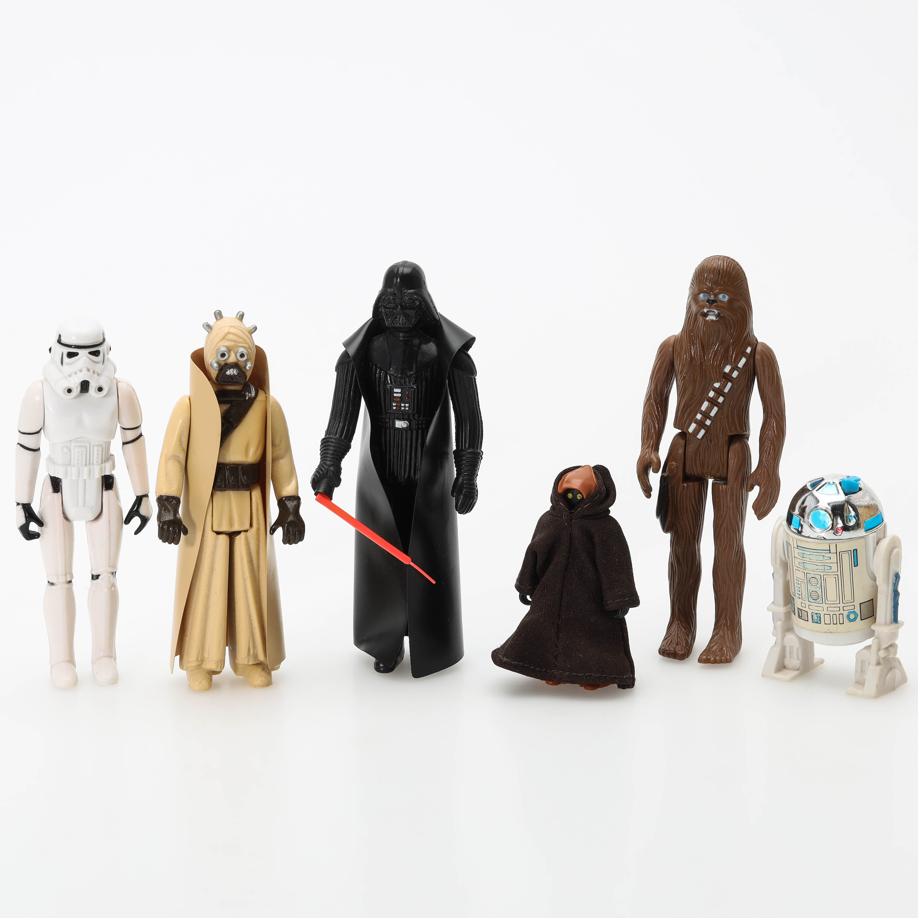 STAR WARS, 6 figurer, Darth Vader, Chewbacca, Tusken Rider, R2-D2, Jawa & Stormtrooper, 1977.