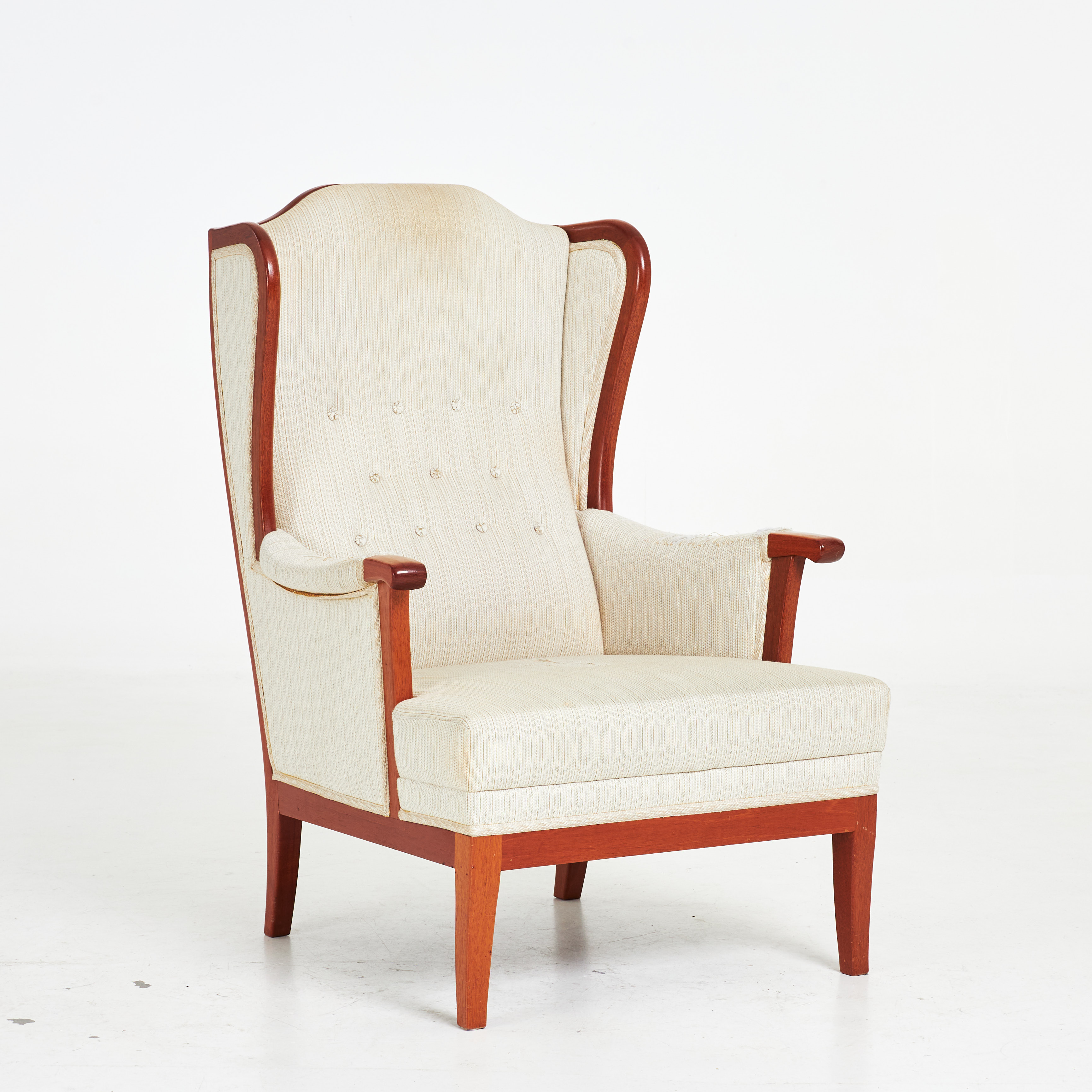 CARL MALMSTEN. "Husfadern", fåtölj, fåtölj, O H Sjögren, mahogny, textilklädsel.