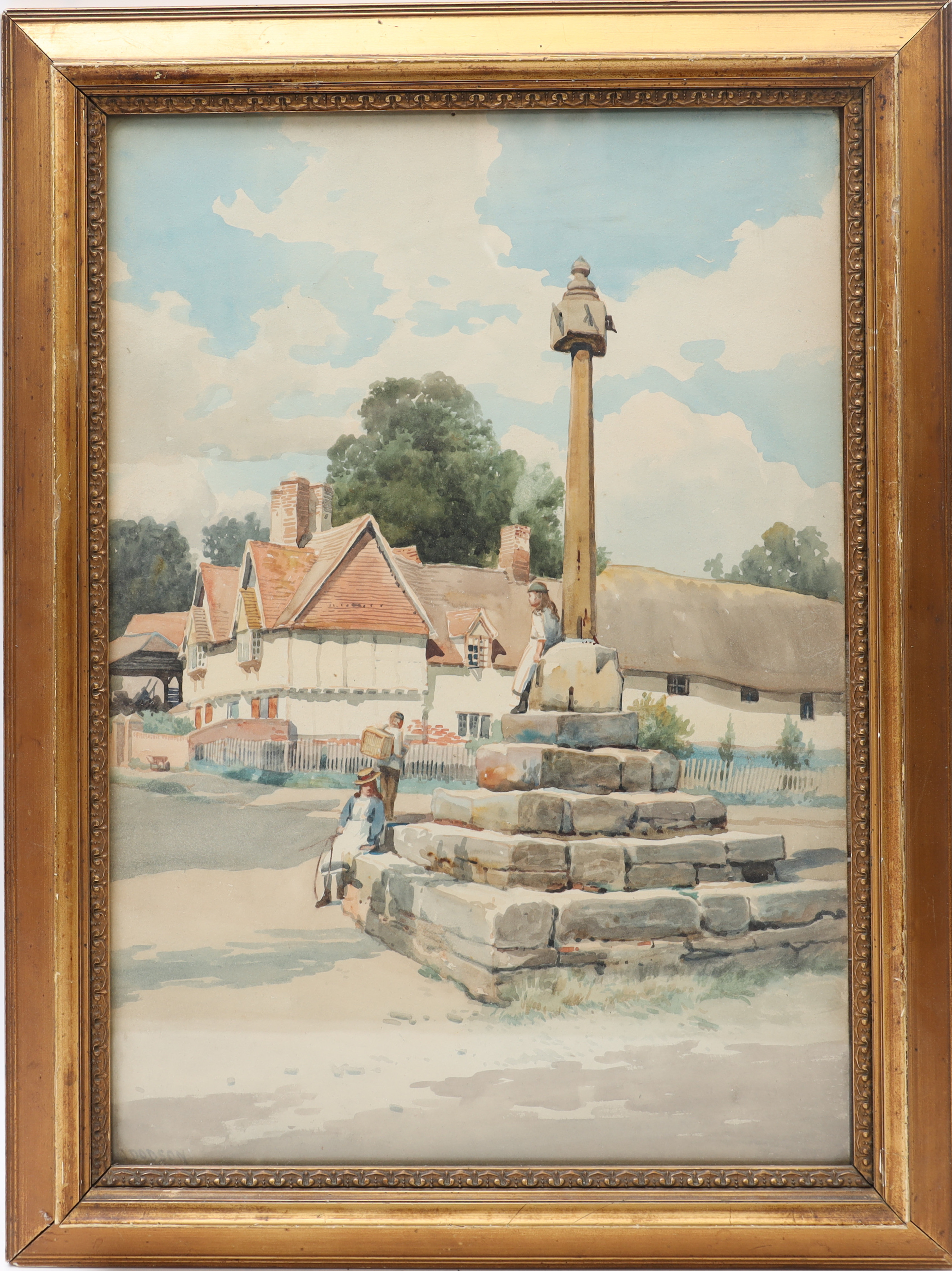 OIDENTIFIERAD KONSTNÄR. Stadsbild med figurer, otydligt signerad, Akvarell 1800-tal.