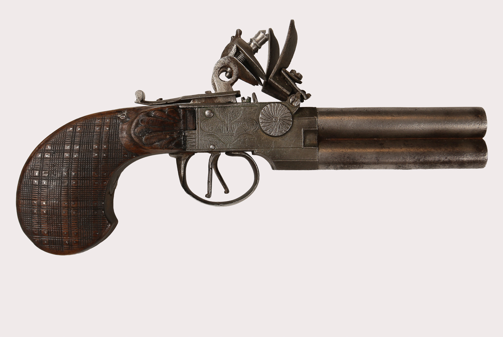 FLINLÅSPISTOL, Belgien, ca 1800-1820, fyrpipig, stål.