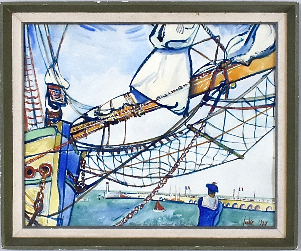 ERIK JERKEN. gouache på pannå, fransk hamnscen.
