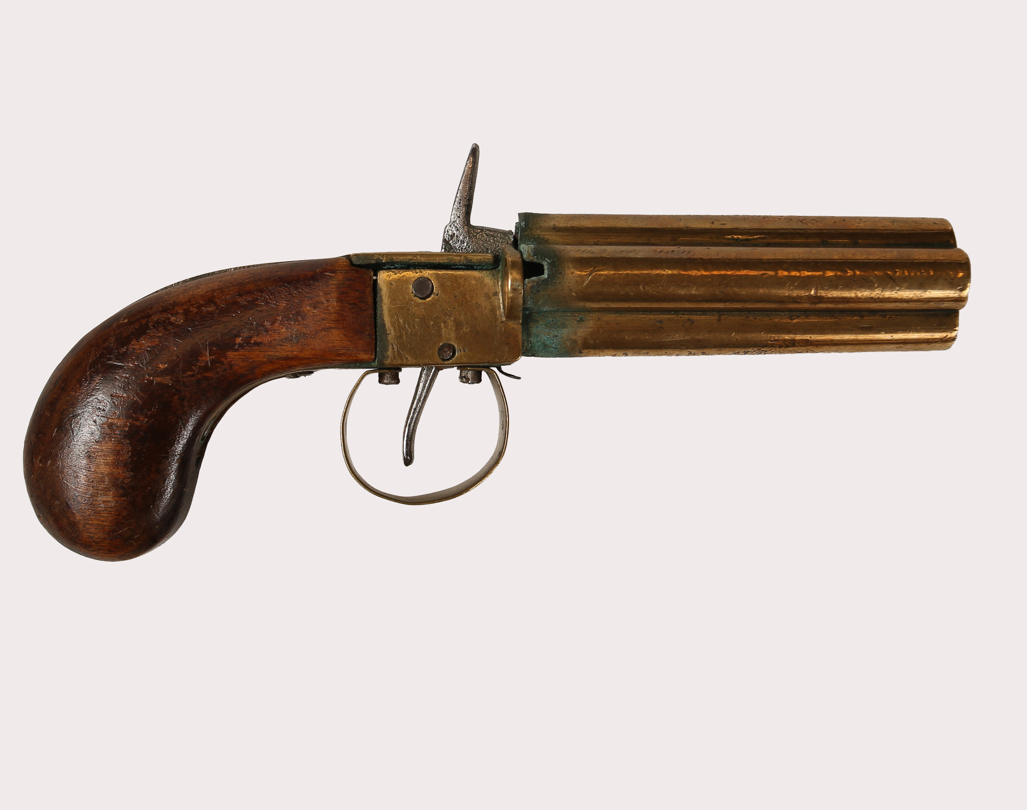 SLAGLÅSPISTOL, 1800-tal, fyrpipig, mässing.