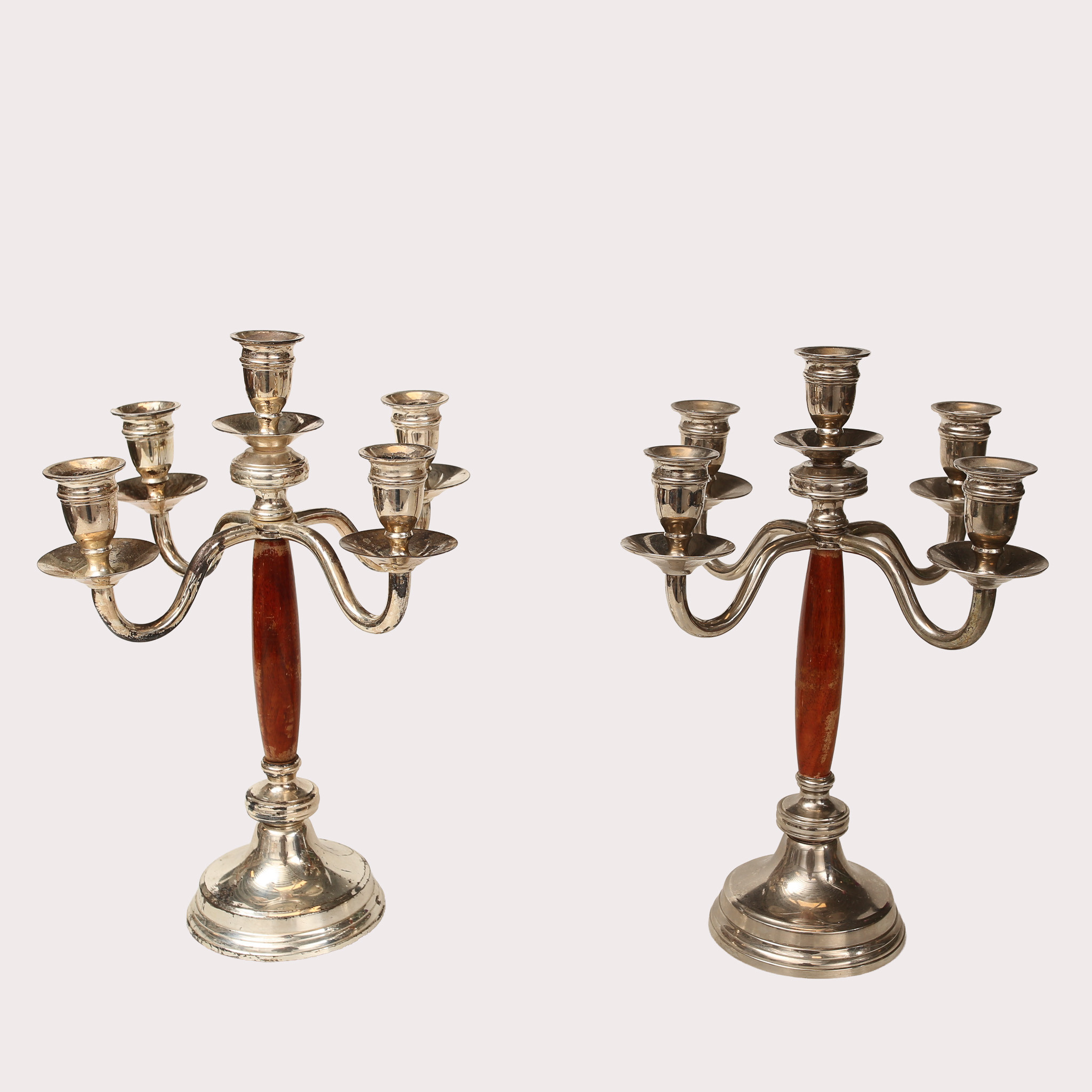 FEMARMADE KANDELABRAR, försilvrad vitmetall trä, ett par, Scandia.