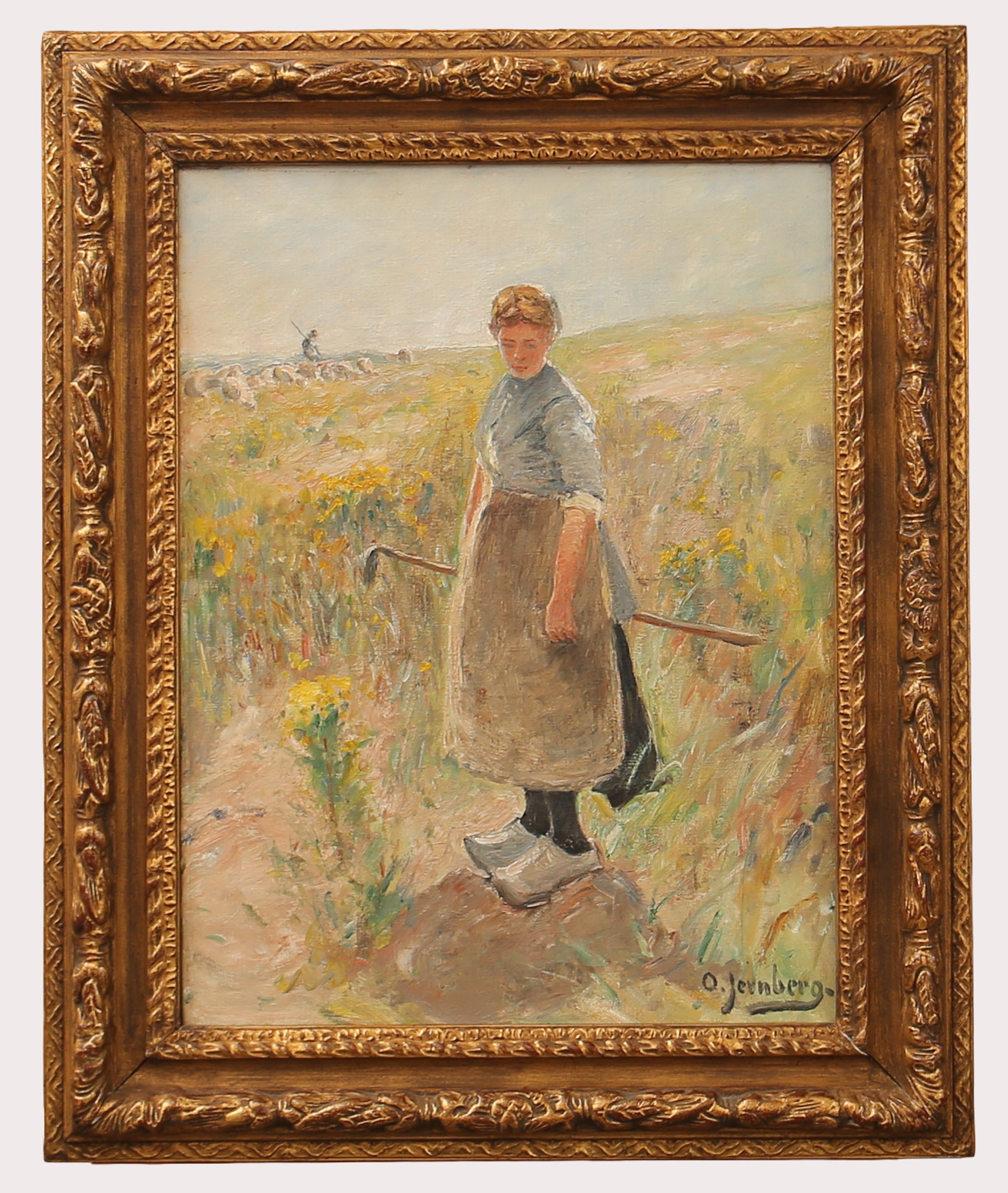 OLOF JERNBERG. Olja på duk, kvinna på betesfält med djur i bakgrunden, signerad.