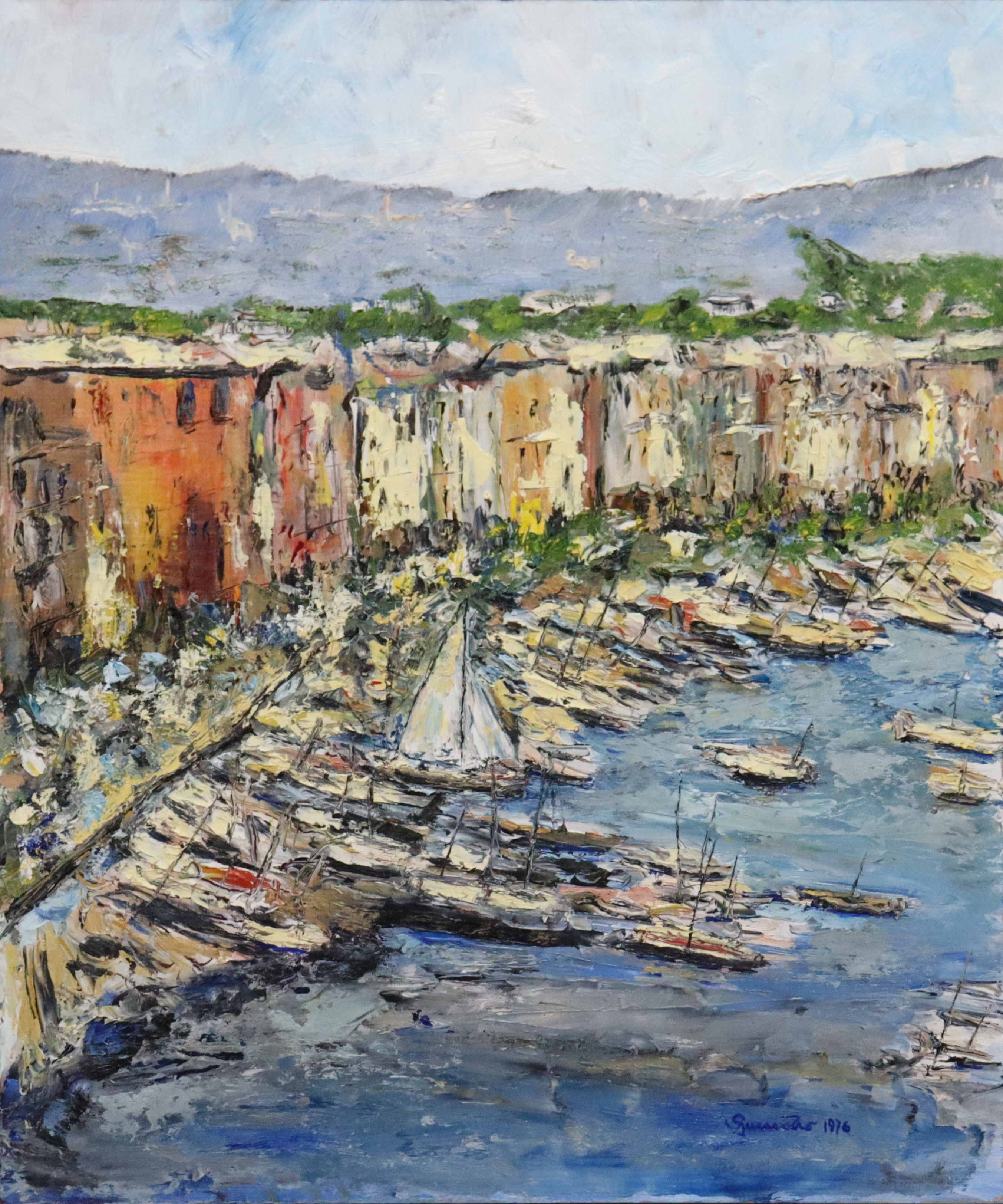 OIDENTIFIERAD KONSTNÄR. olja på pannå, hamnstad.