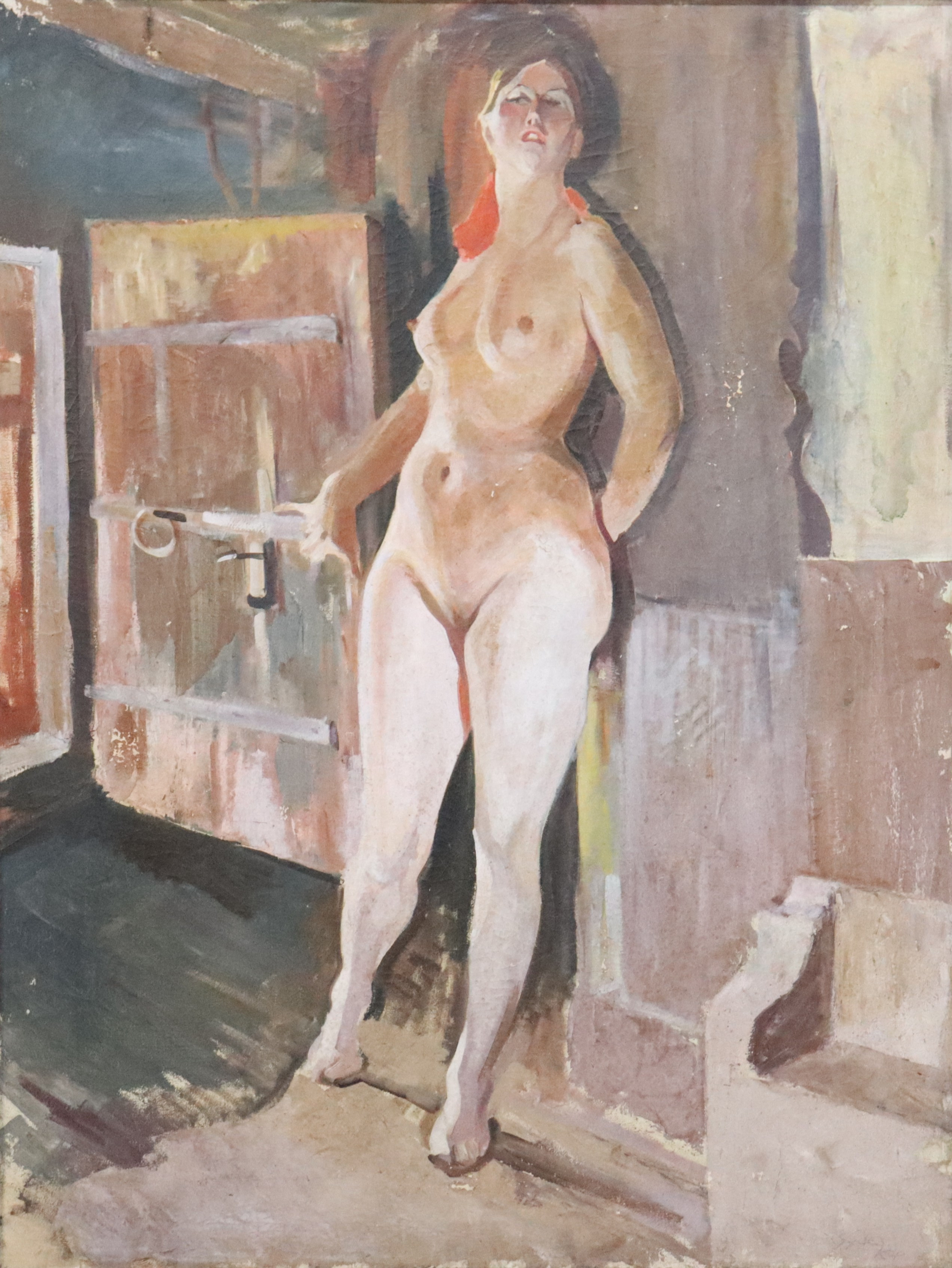 OIDENTIFIERAD KONSTNÄR. olja på duk, kvinnomodell, efter Anders Zorns "Vid loftets dörr".