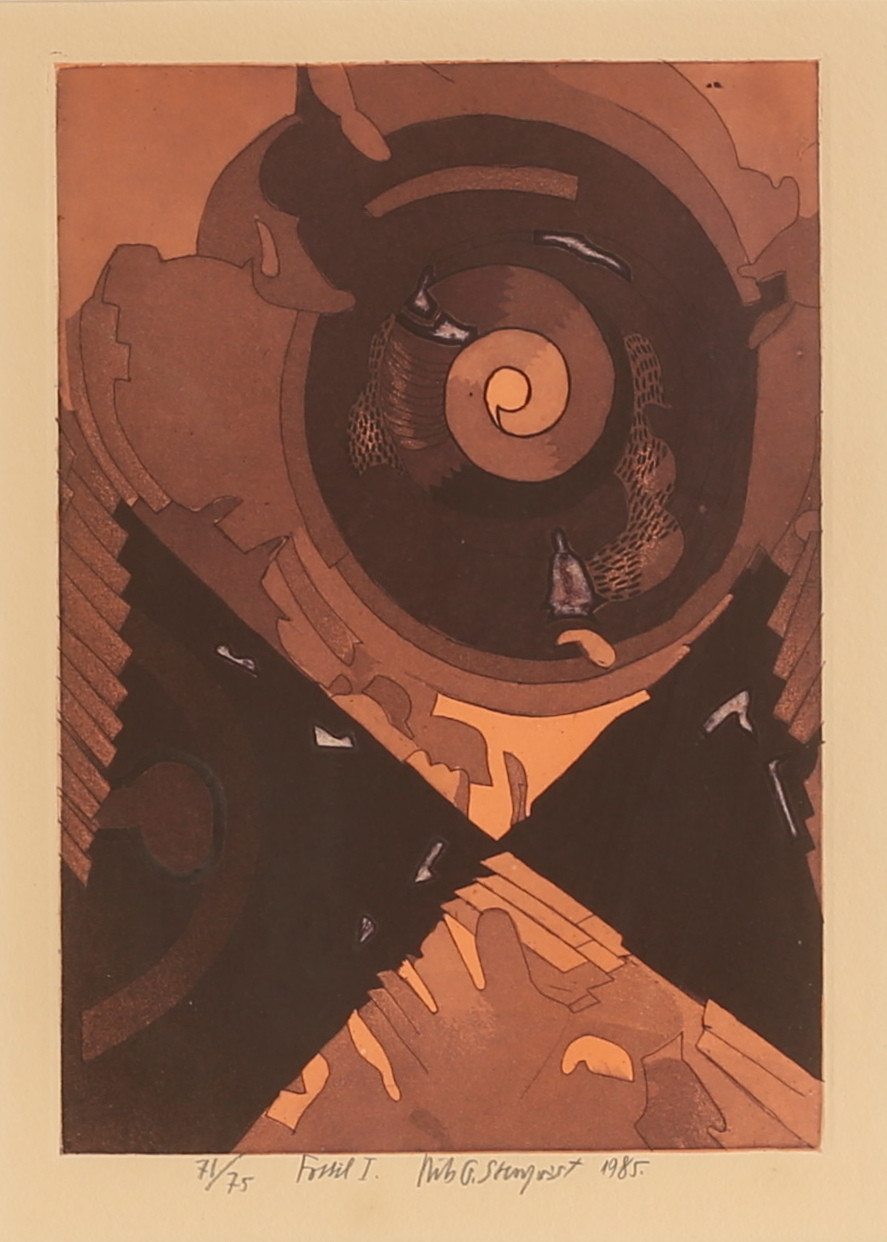 NILS G STENQVIST. Grafiskt blad, "Fossil 1 "signerad, daterad 1985.