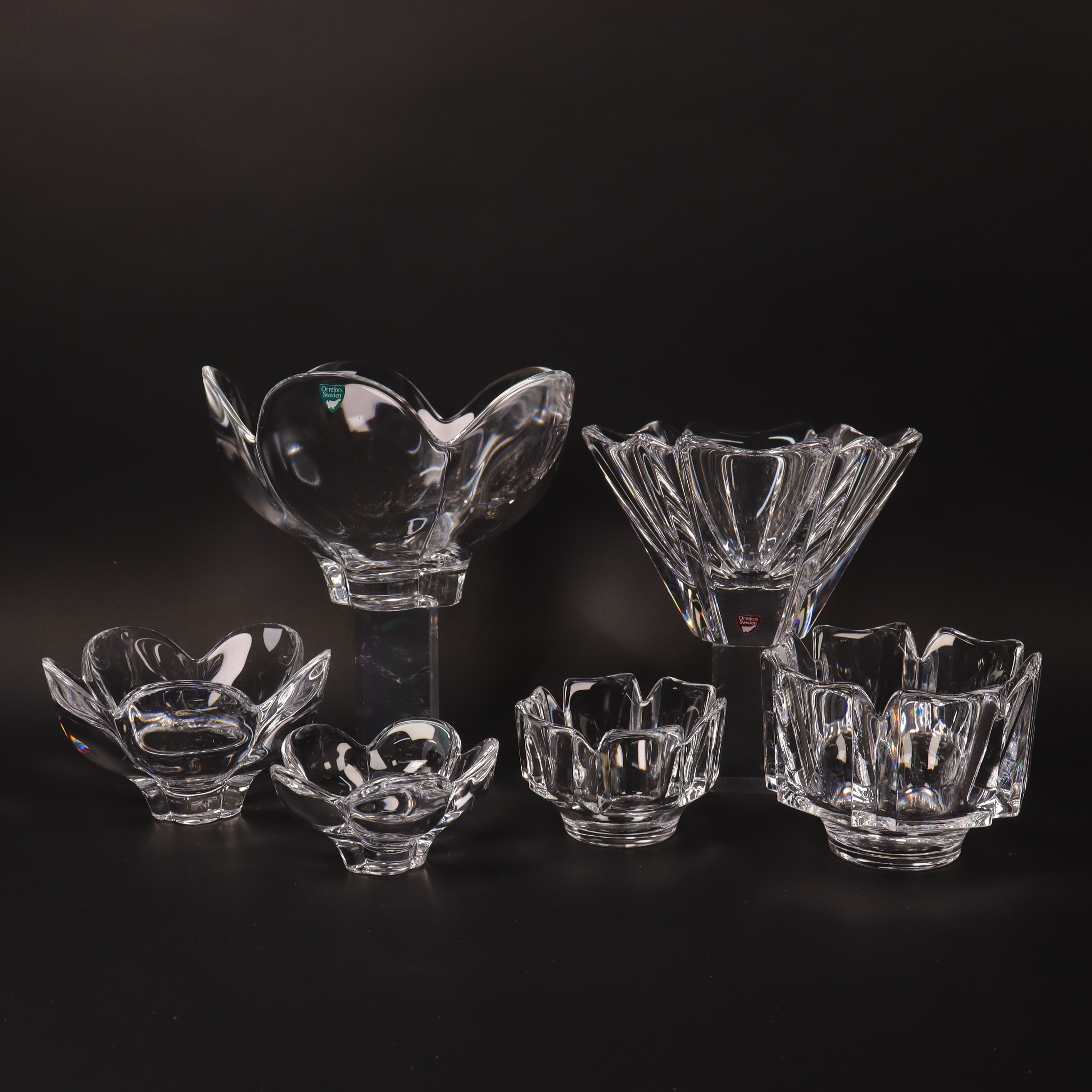 LARS HELLSTEN. skålar i glas, Orrefors, "Pomona", "Corona" och "Orion", 6 st.